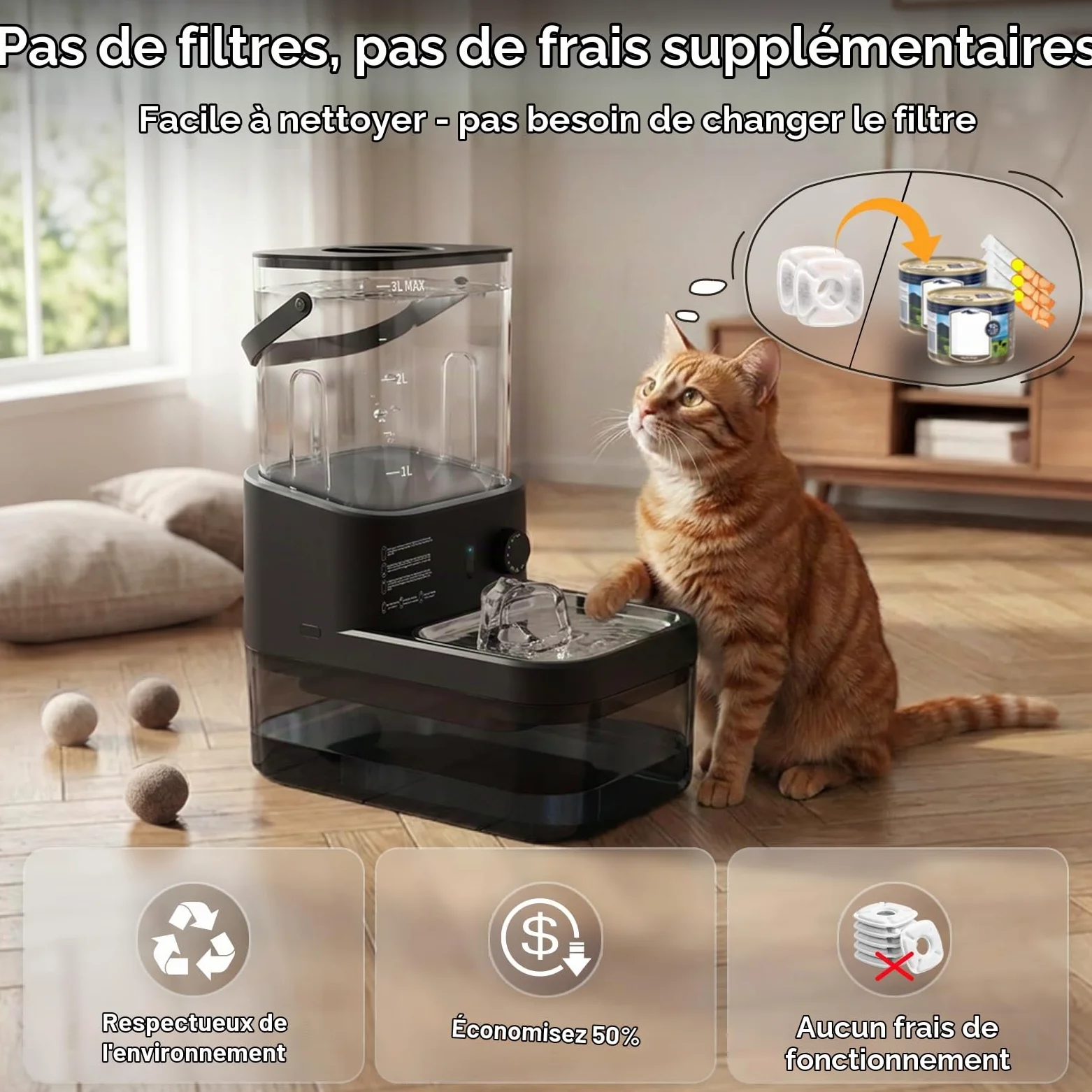 Fontaine a Eau pour Animaux sans Fil et sans Filtre | Séparation de l'Eau Propre et de l'Eau Usée, Bol en Acier Inoxydable, Batterie 4000mAh, Grande Capacité 3L, Noir