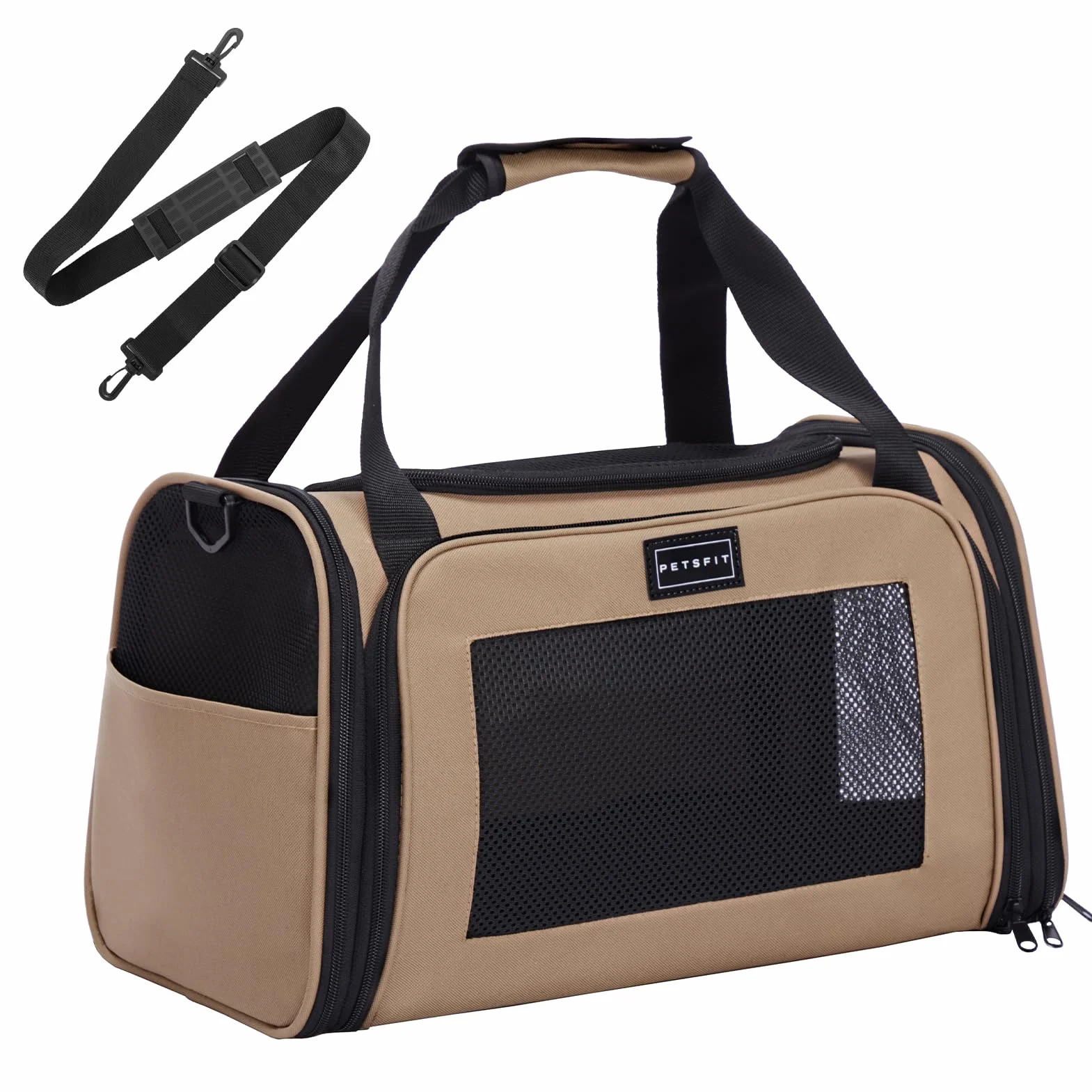 Petsfit Sac de Transport pour Chat et Petit Chien Léger avec Matelas Extensible et Sangle de Sécurité Pliable Aéré Kaki