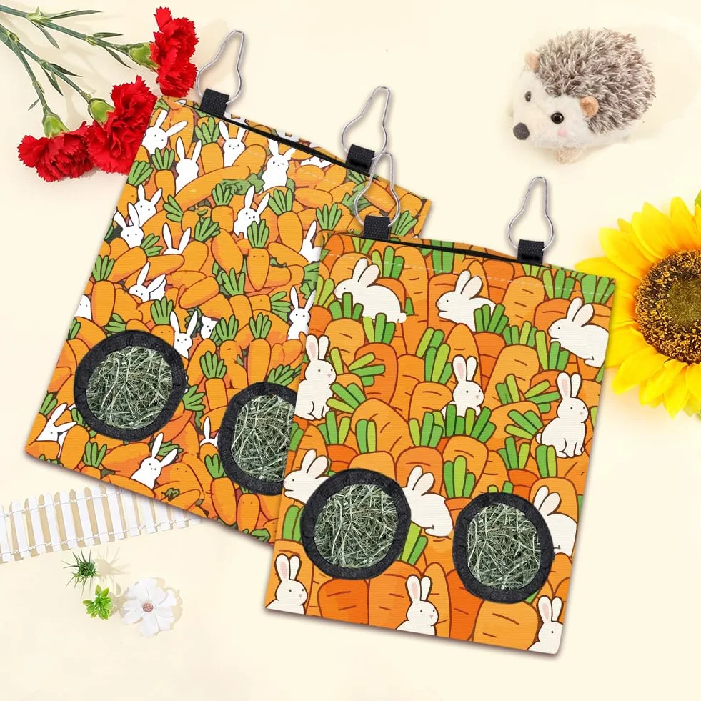 Sac De Foin pour Lapin 2 Pièces 2 Styles Motif Carotte Orange Tissu Lavable Rectangle 12 x 9 Pouces