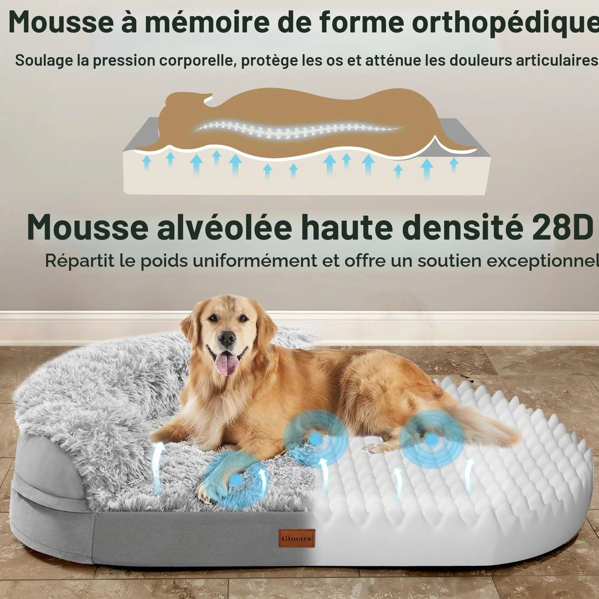 Gimars 9,5 cm Épais XL Lit Orthopédique pour Chiens de Très Grande et Seniors, Lit de Soutien avec Mousse Alvéolée 28D, Housse en Peluche Amovible et Lavable, Doublure Imperméable, Semi-Circulaire