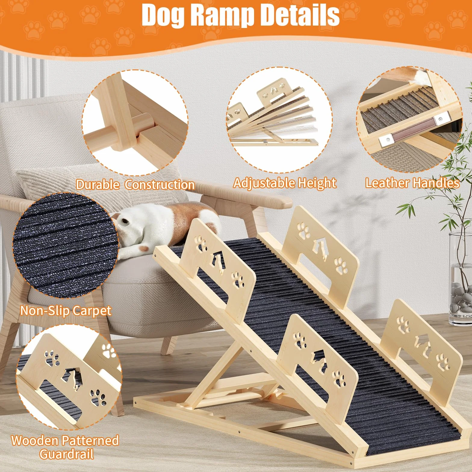 Rampe pour chien - 100 cm de long - Avec rampe de sécurité - Réglable en hauteur - Portable - En bois - Avec rampe antidérapante - Pour lit, canapé, voiture, voyage, petits, grands et vieux chiens