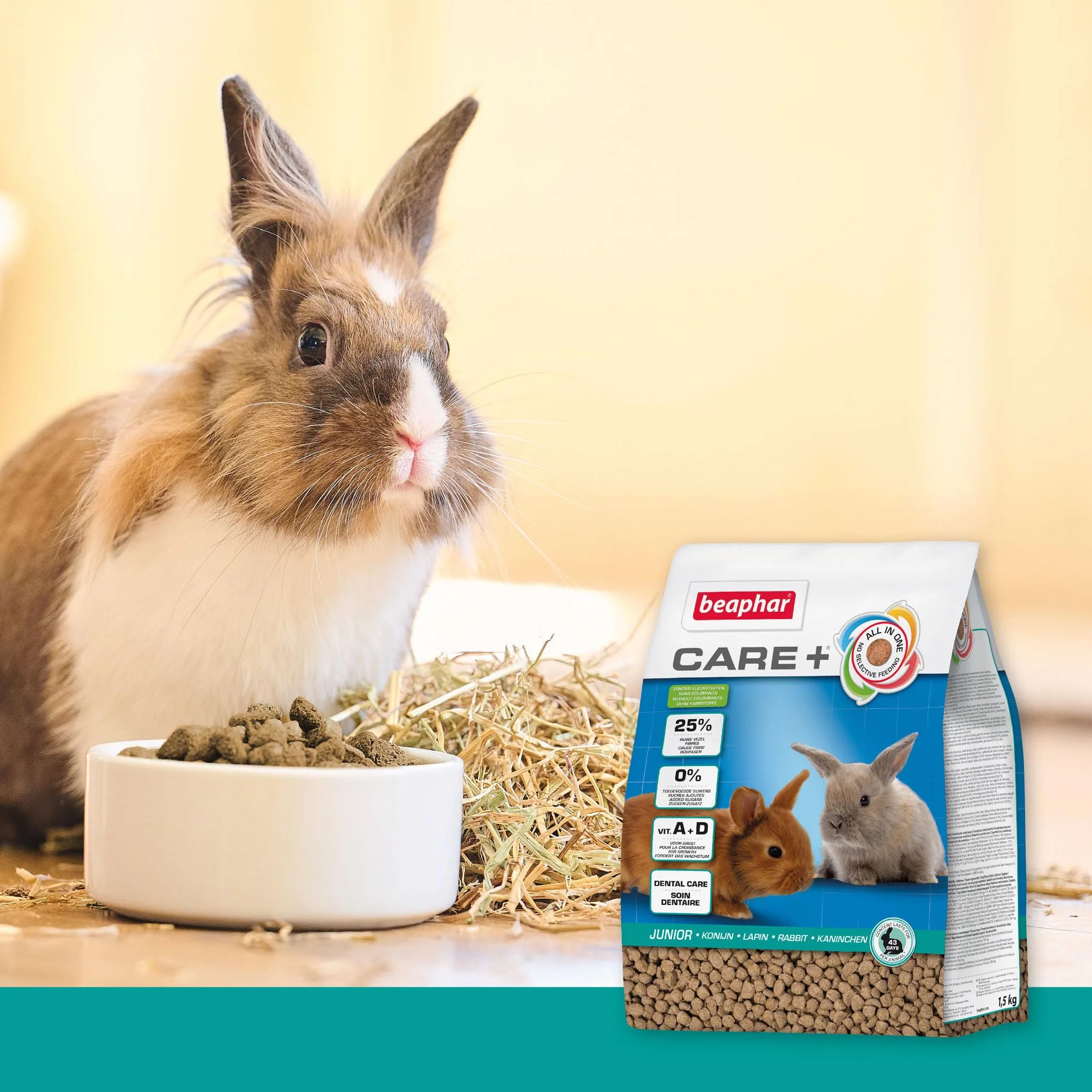 BEAPHAR Care+ Alimentation Super Premium extrudée pour Lapin Junior 25% Fibres 1.5 kg