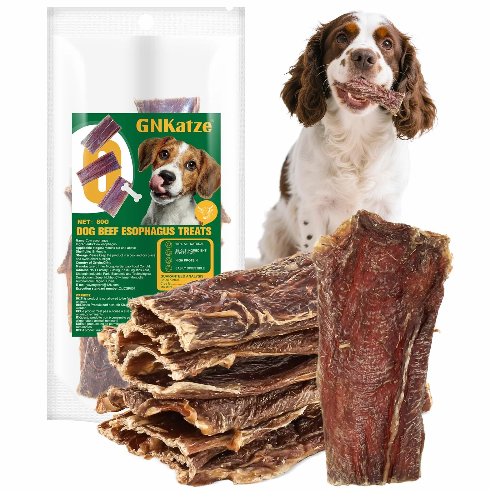 Friandises pour Chiens à Base d'Œsophage de Bœuf, Naturelles, Riches en Protéines, 80G