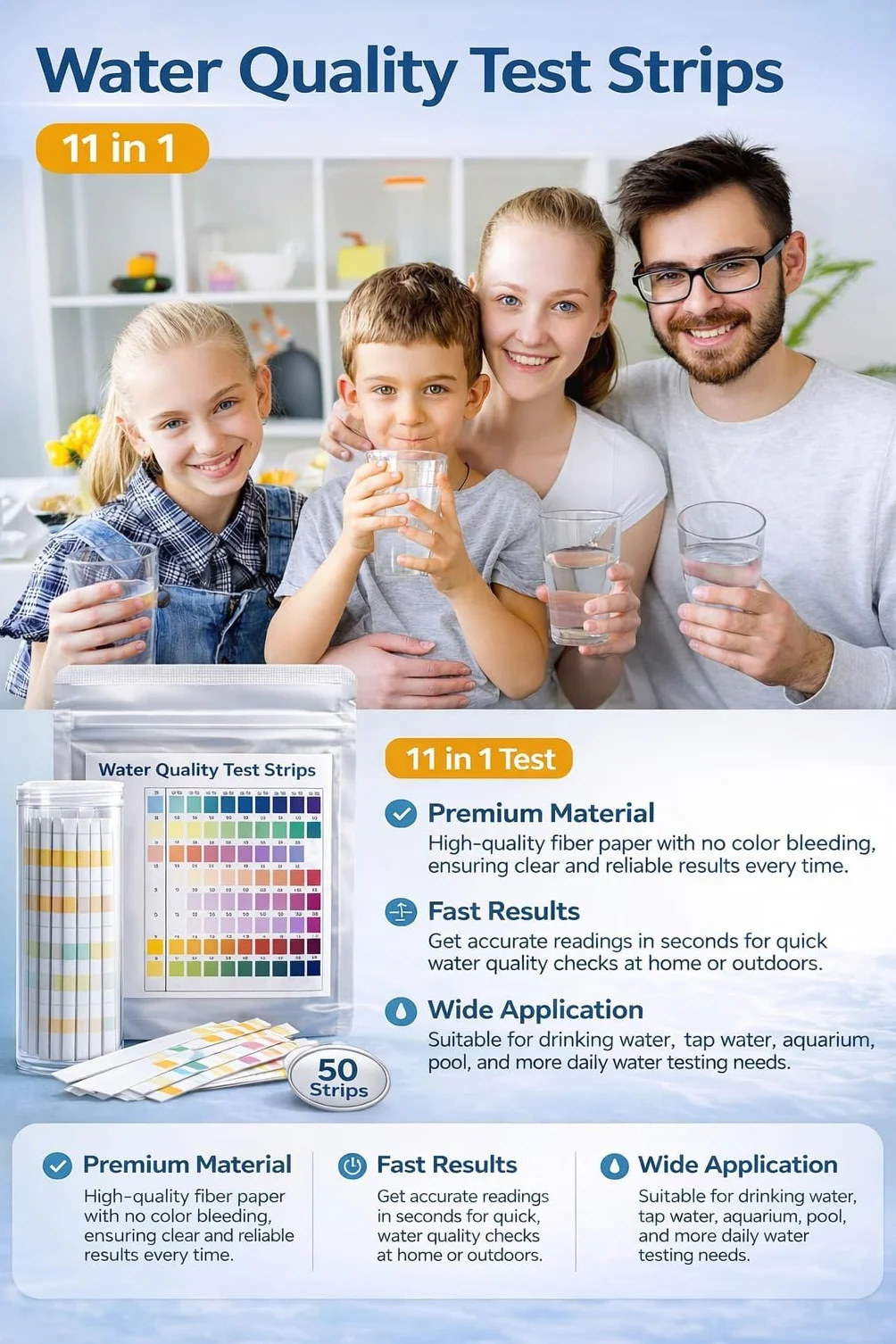 Test Aquarium 11 en 1, Test d’Eau avec Tube Plastique et Thermomètre, Ammoniac Nitrite Nitrate pH GH KH Chlore Cuivre Phosphate Fer
