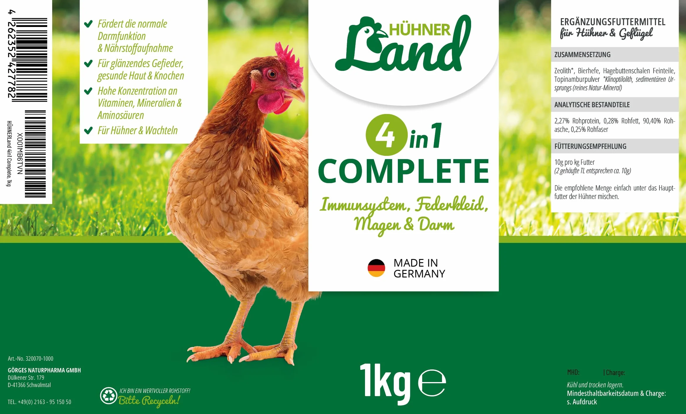 HÜHNER Land 4in1 Complete 1kg Complément Alimentaire pour Poulets, Vitamines C et B, Plumage, Immunitaire, Estomac