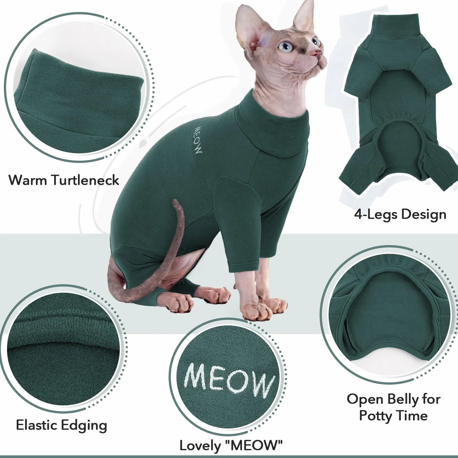 PUMYPOREITY Pull pour Chats Manteau Doux Chaud Sweat-Shirt d'hiver Vêtements Chandail Pyjama Chat Sweat Sphynx Vert Foncé XS