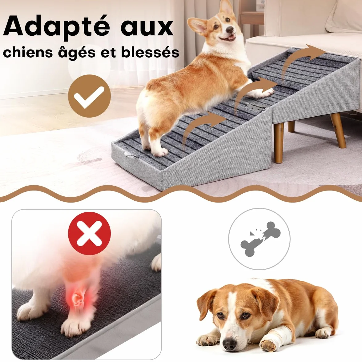 Escalier pour Chiens et Chats 2 en 1, 4 Marches Rampe Antidérapant pour Canapé Lit, Gris Clair 43,5 cm