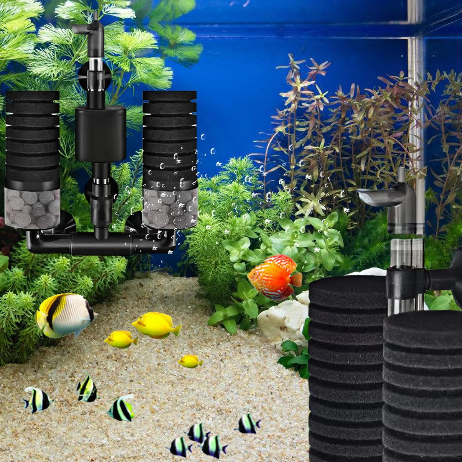 Filtre Éponge d'Aquarium avec Pompe, Filtre Interne, Double Filtre Éponge Réglable pour Aquariums