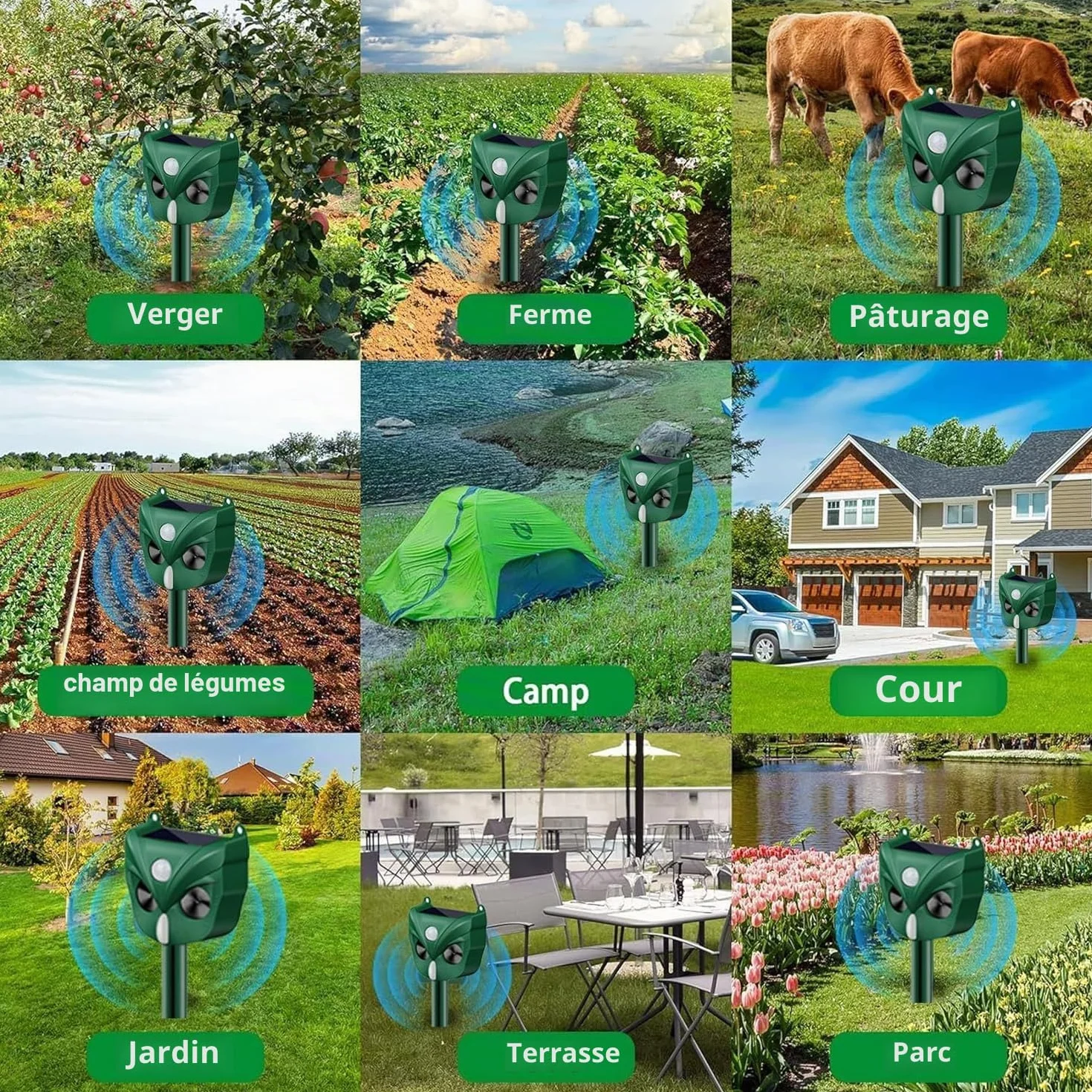 Répulsif à ultrasons pour chat, 5 modes, solaire et rechargeable, dissuasif pour cerf, chien, lapin, mouffette, oiseau pour jardin extérieur (RC546)