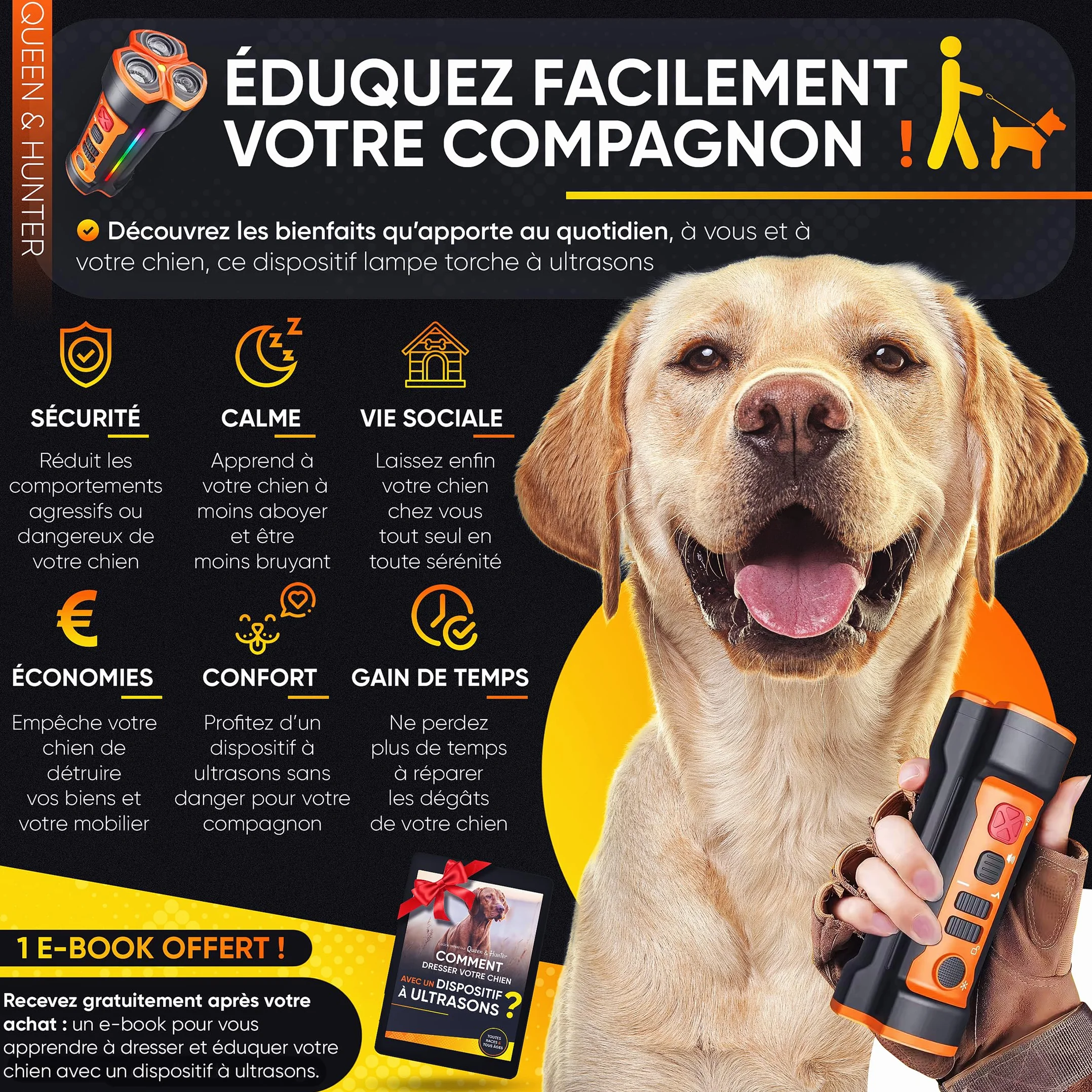 Anti Aboiement Chien Ultrason Dispositif Dressage sans Collier Électrique Portatif pour Petit et Grand Chiens