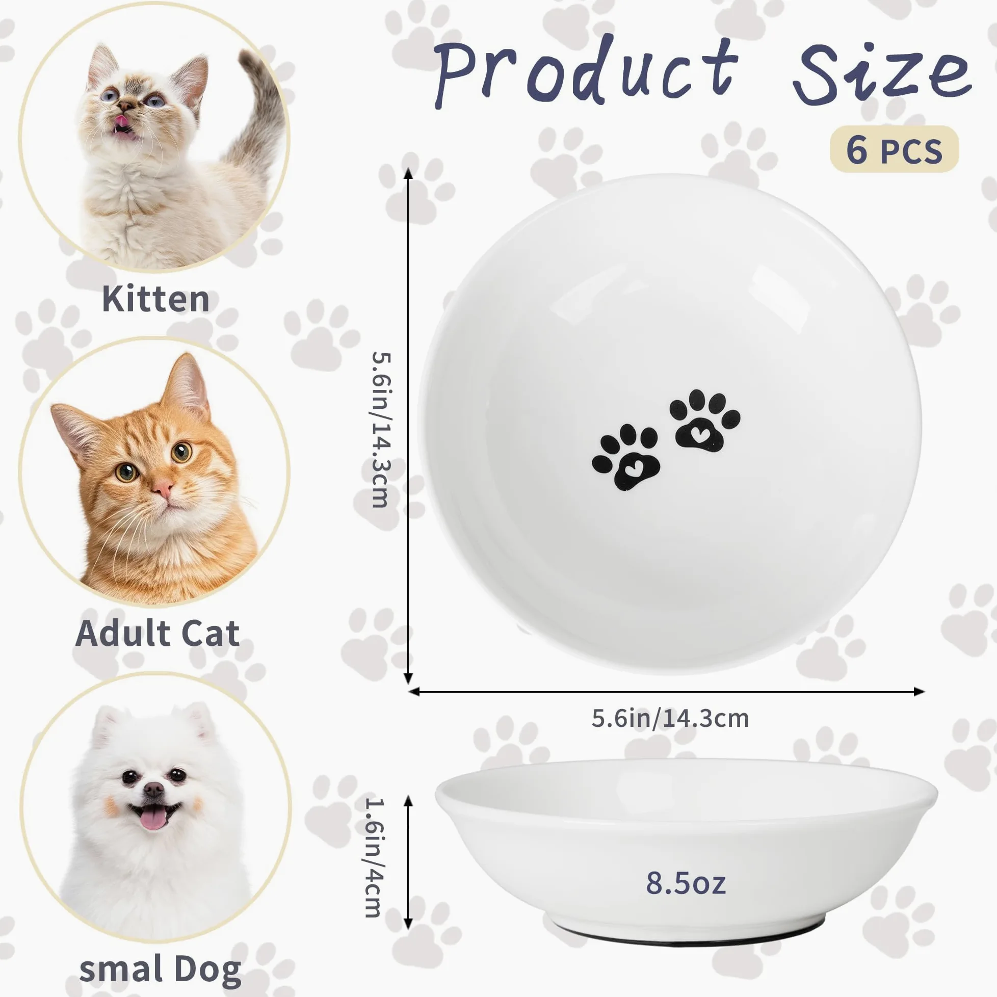 Lot de 6 gamelles pour chat en céramique anti-moustaches et fatigue - Assiettes peu profondes pour nourriture humide et sèche et eau - Base en silicone antidérapante (éléments classiques