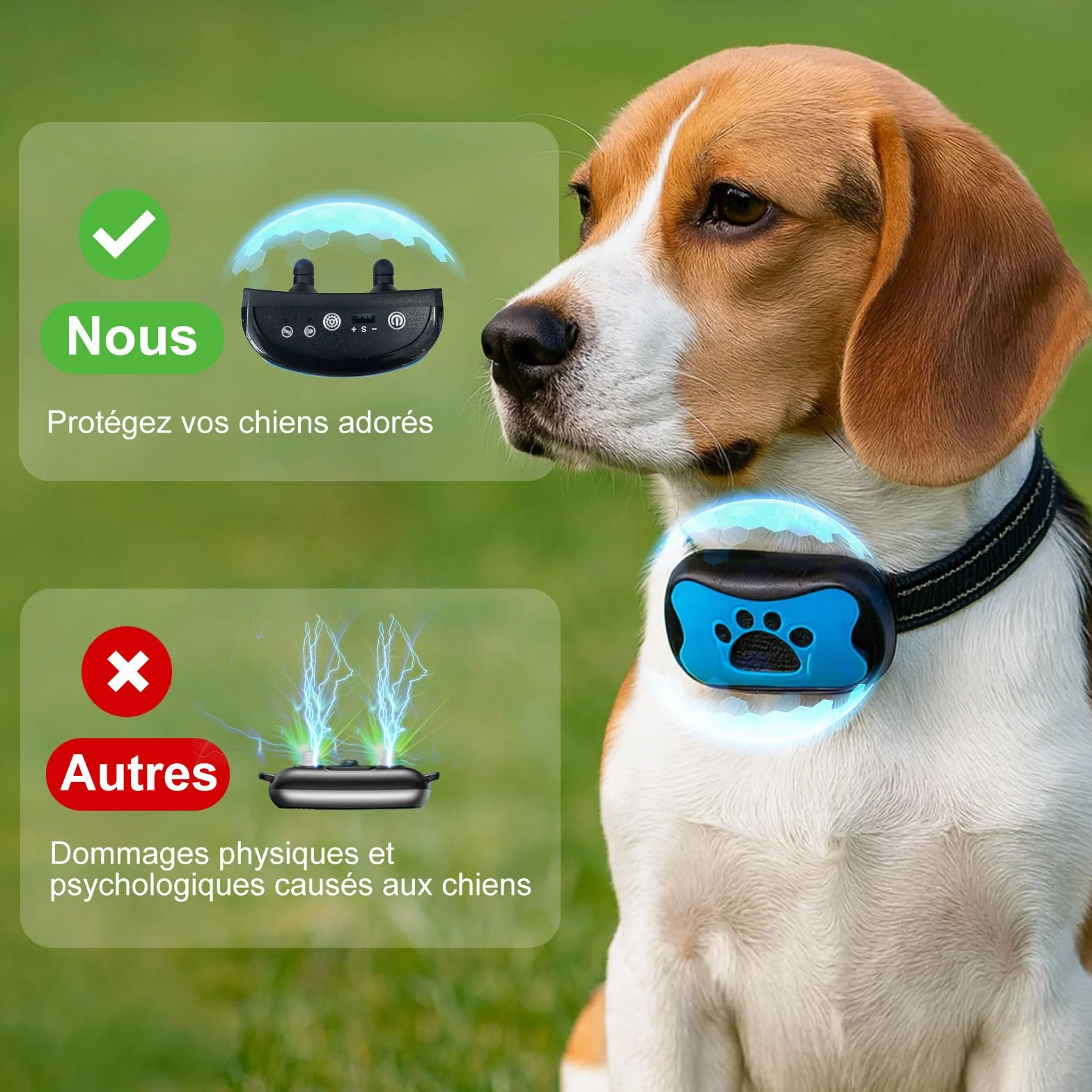 Collier Anti-Aboiement pour Chien sans Douleur, 7 Niveaux Sensibilité, Vibration + Son, Rechargeable (Blue)