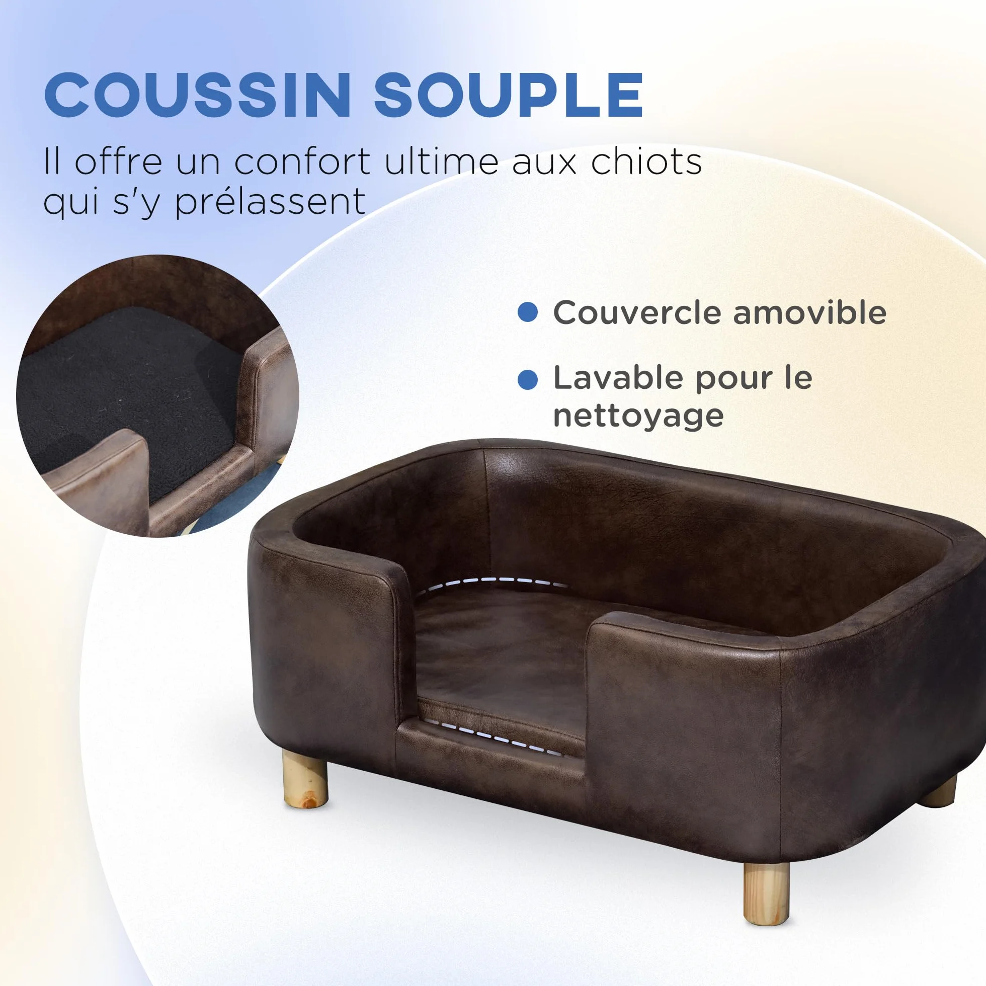 PawHut Canapé Chien lit pour Chien Chat Rebord Coussin Moelleux Pieds Bois Massif 74 x 48,5 x 31 cm Micro-Fibre Chocolat