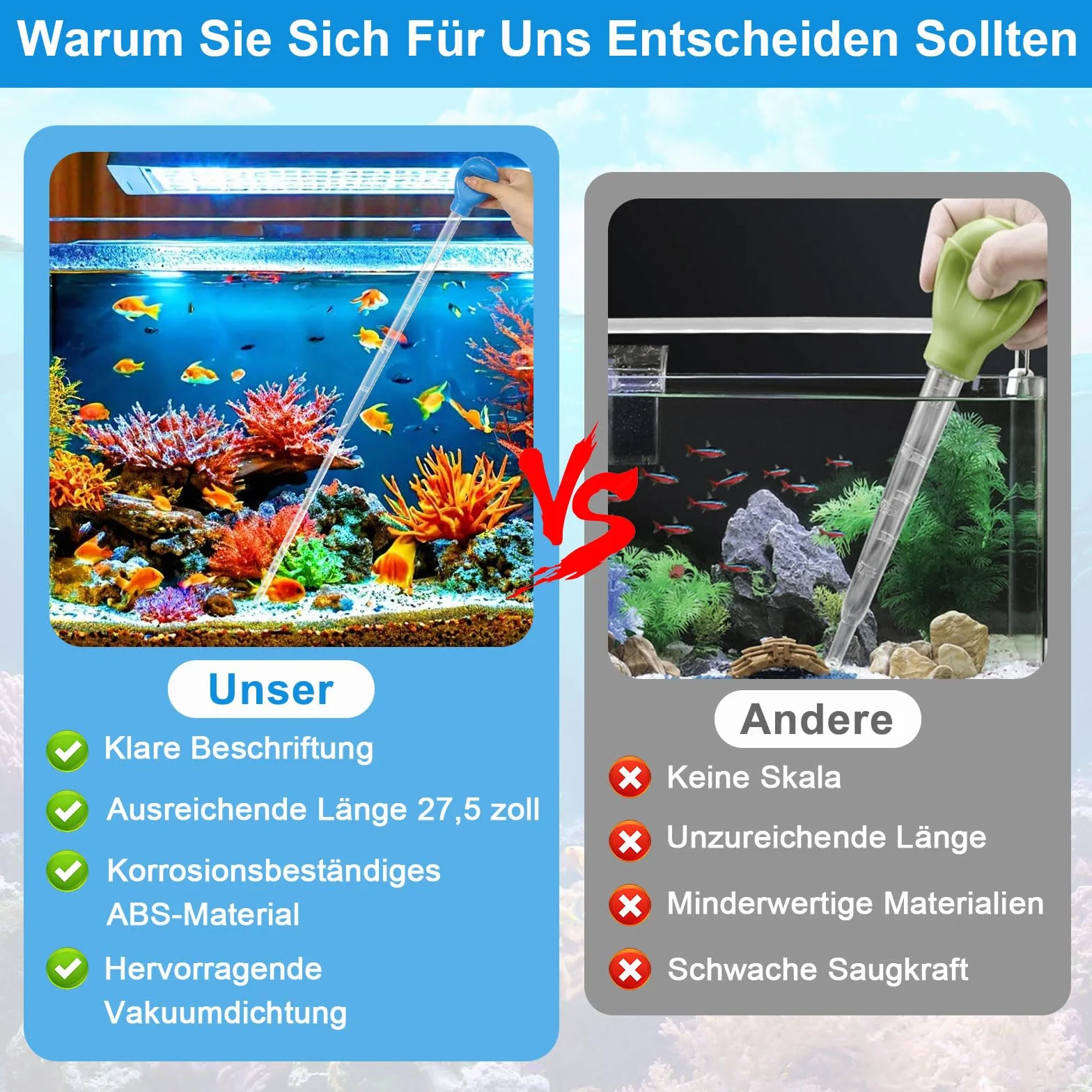 prota Grande pipette d'aquarium - 45 cm - 50 ml - Extra longue - Avec tube d'extension de 25 cm de long - Nettoyeur manuel - Changement d'eau d'aquarium - Accessoire de nettoyage