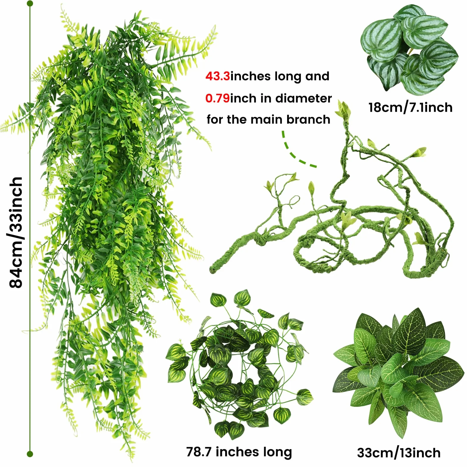 QUOZUO Décoration pour lézards, Plante suspendues Artificielle Terrarium Grandes Plante Vignes Terrarium Branche Decorative pour Escalade, Caméléon, Gecko