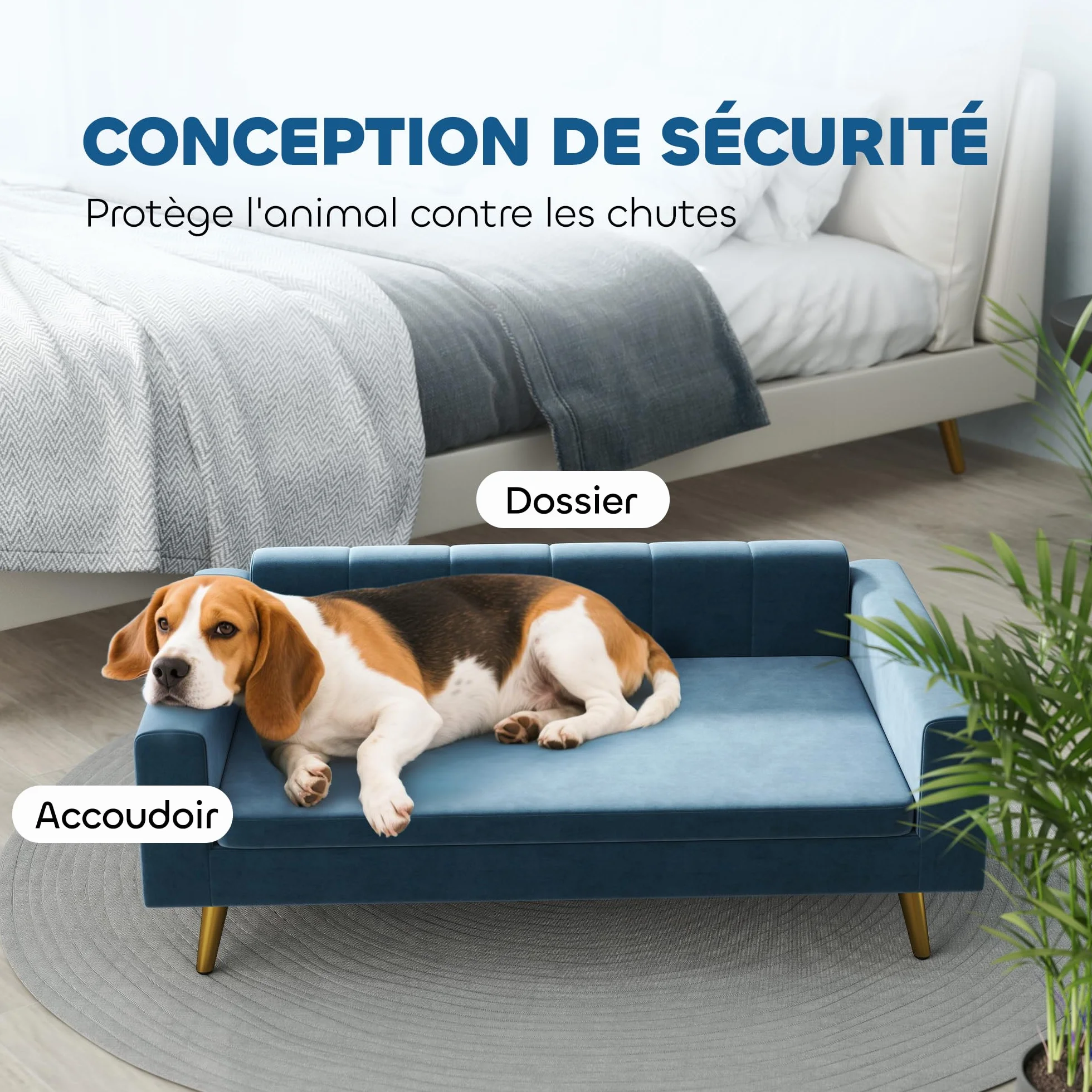 PawHut Canapé Chien 94 x 59,5 x 31,5 cm Bleu Velours Soyeux Pieds Acier Inoxydable