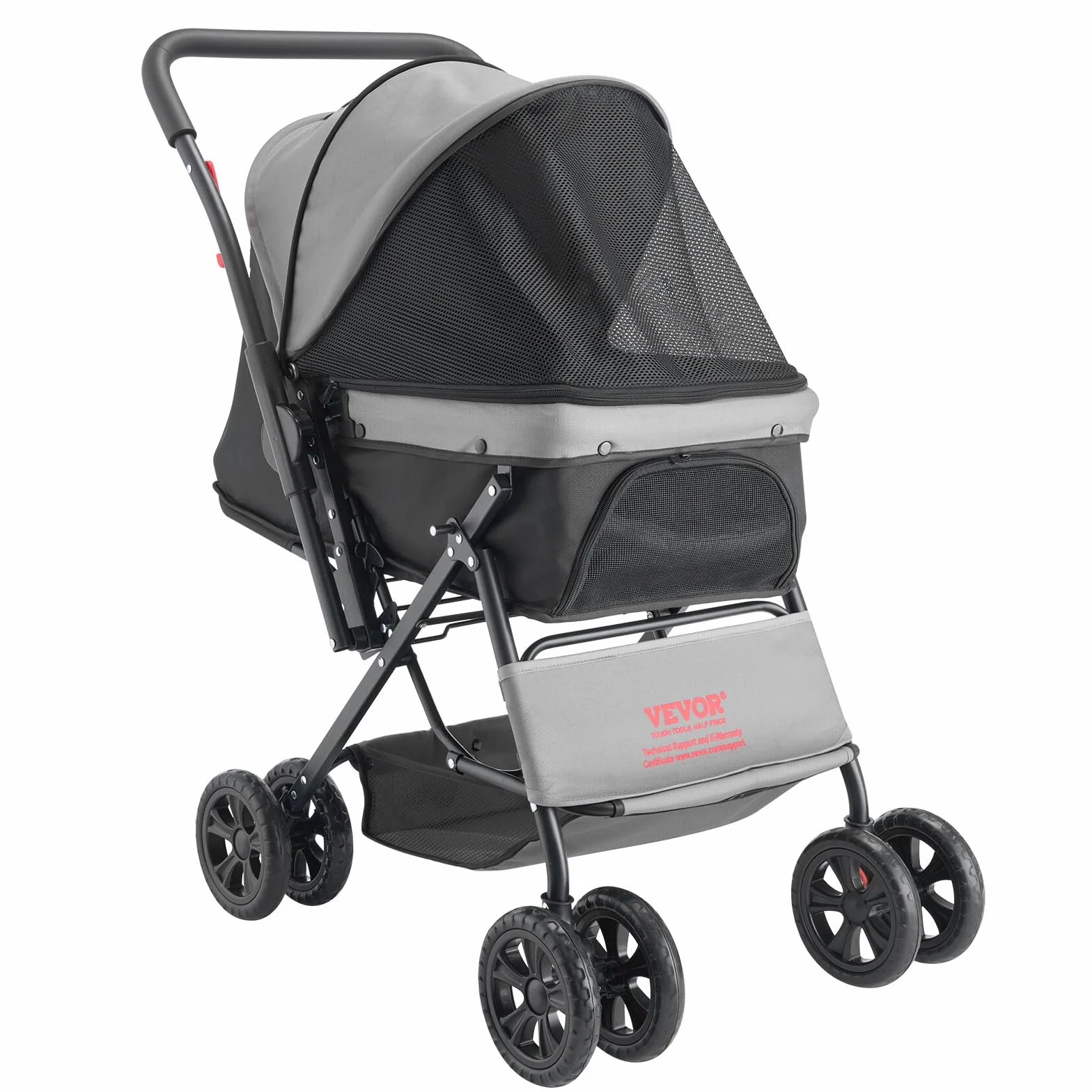 VEVOR Poussette pour Chien Pliable, Charge 20 kg, 4 Roues avec Freins Arrière, Fenêtres en Maille, Poignée Réversible, pour Petits et Moyens Animaux