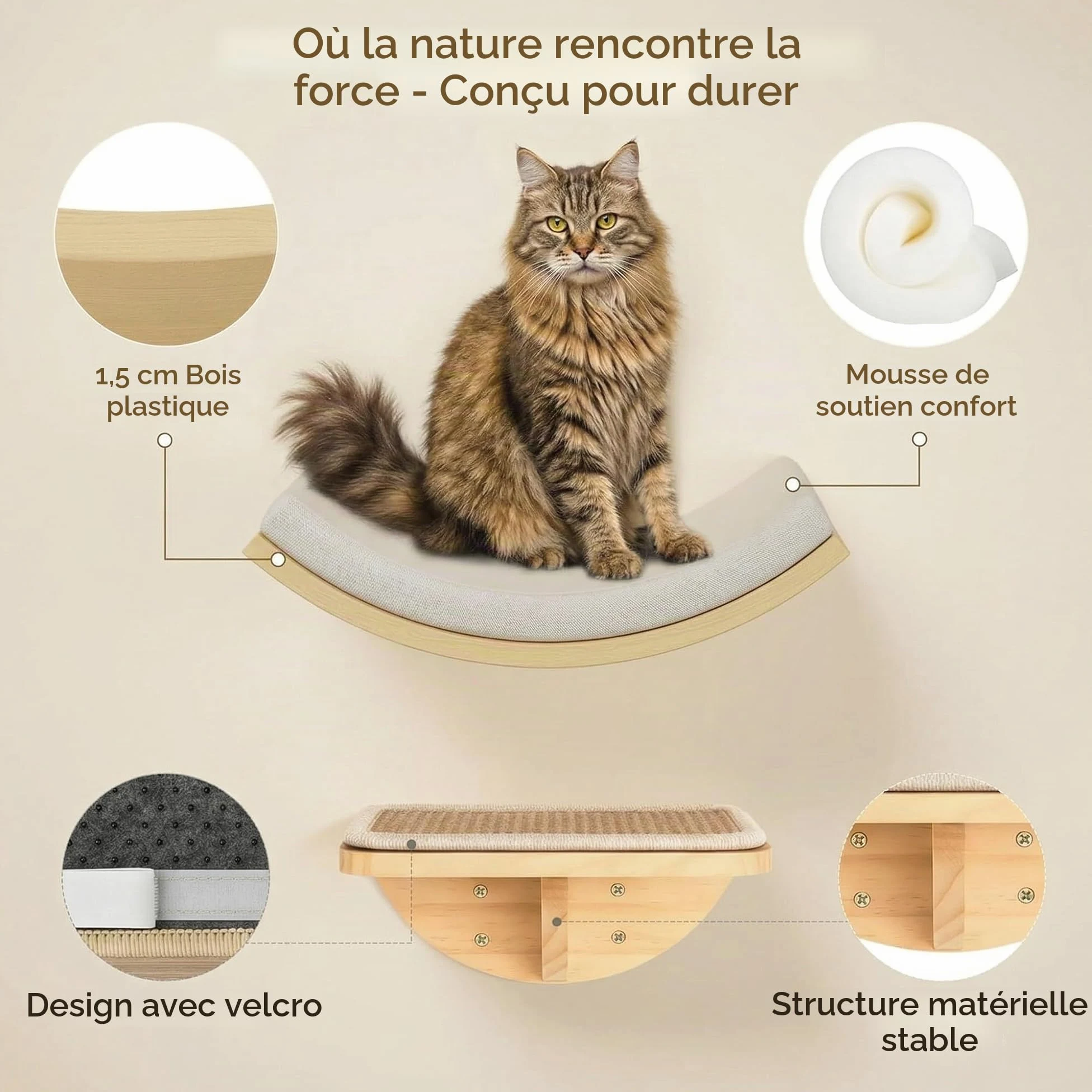 Étagères murales pour chats avec tapis en éponge, arbre d'escalade pour chat avec 2 marches carrées et plateformes incurvées, ensemble de meubles muraux en bois pour chat pour dormir et jouer