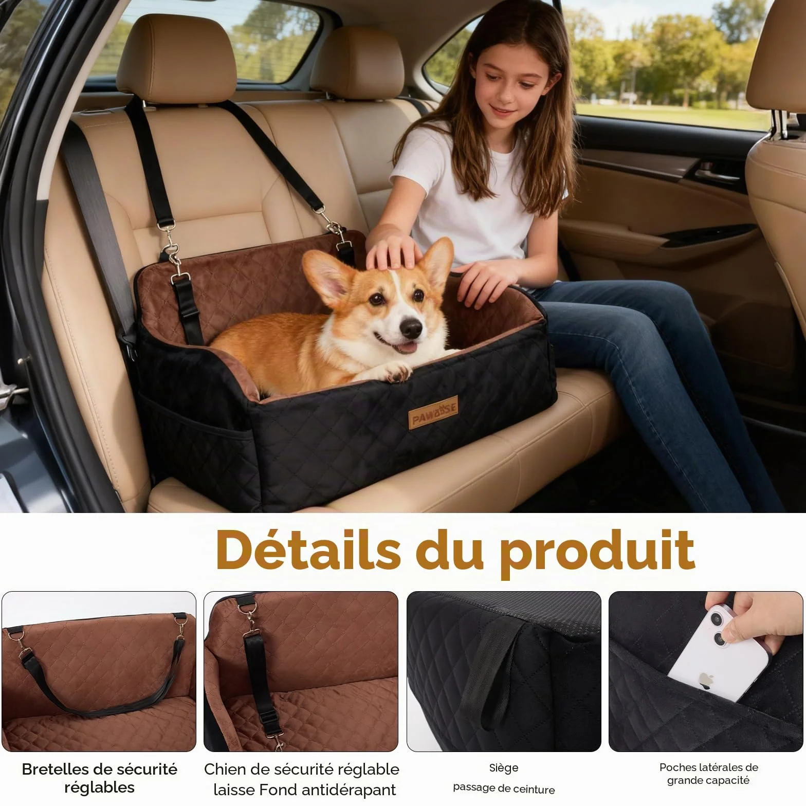 PAWBOSE Siège auto pour chien taille moyenne/grande moins 25 kg 2 petits chiens rembourrage tissu doux mousse mémoire forme amovible
