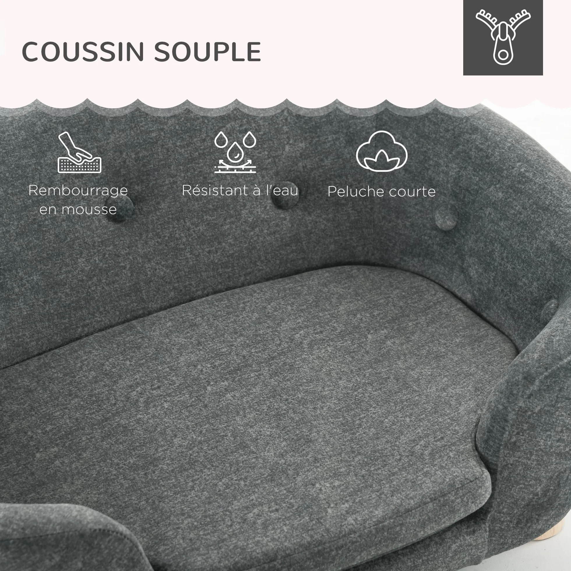 PawHut Canapé Lit Panier Chien Chat Pieds Bois Massif 70x47x30 cm Gris Anthracite