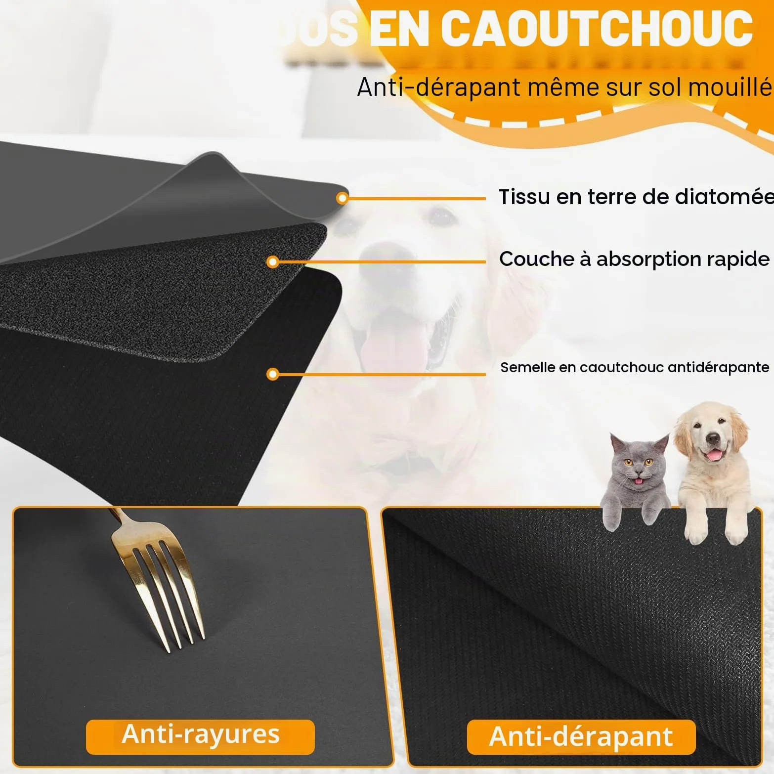 Tapis de nourriture pour chien, 100,1 x 80 cm, le plus grand tapis absorbant pour la nourriture et l'eau, tapis antidérapant pour gamelle pour chat, pas de taches, séchage rapide pour distributeur