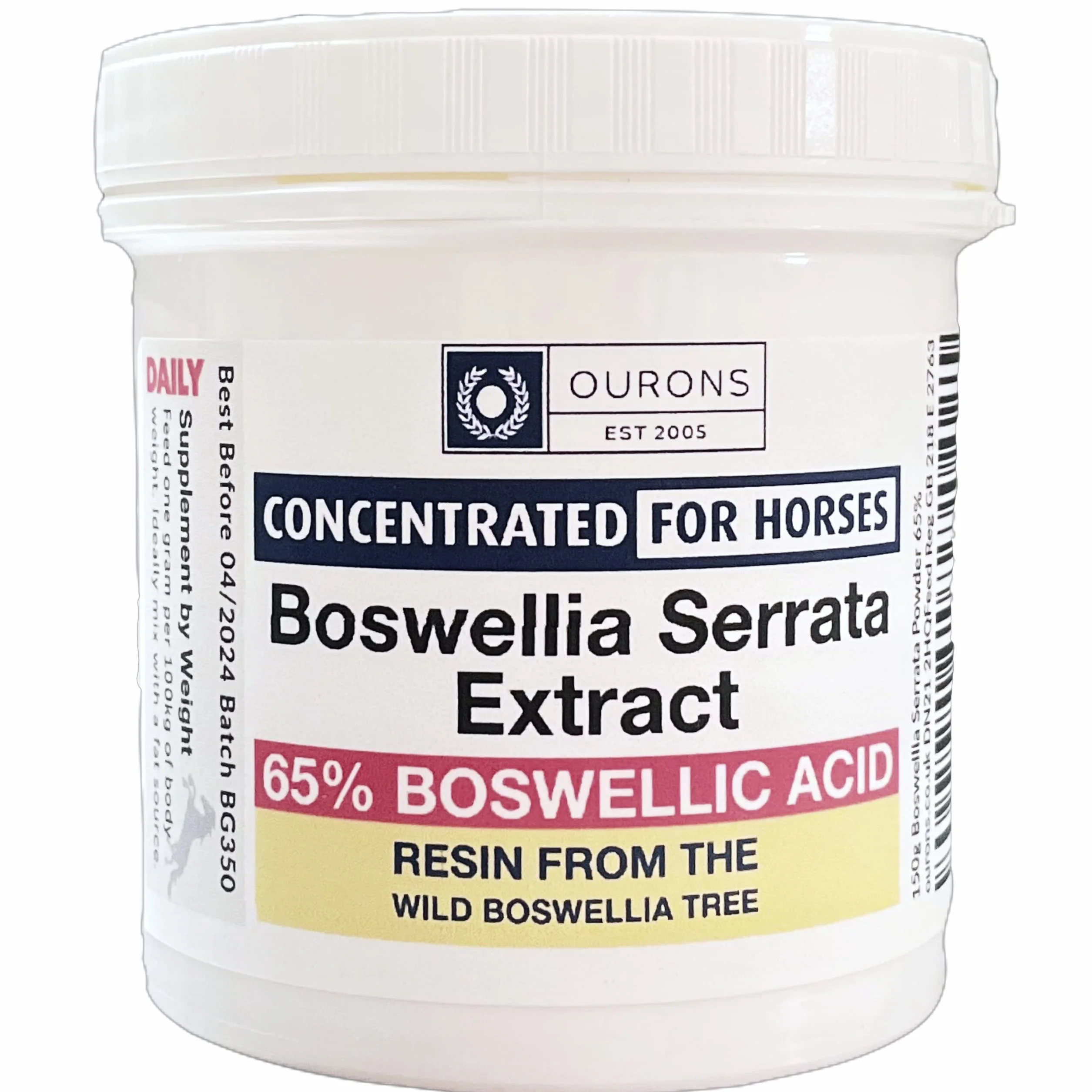 Boswellia Serrata Poudre 150g Chevaux – 65% acides boswelliques | 65 % d'acides boswelliques; extrait d'encens, soutient le confort et la mobilité articulaires du cheval – composition pure