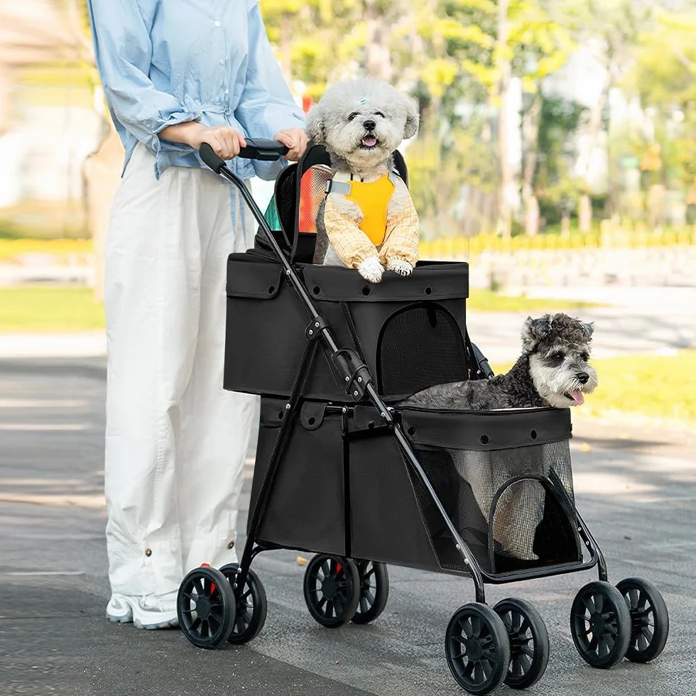 Poussette Double Couche pour Chien Chat Animaux Voyage, Pliable 4 Roues Chariot Landau Jogger Buggy 67x50x95cm Noir