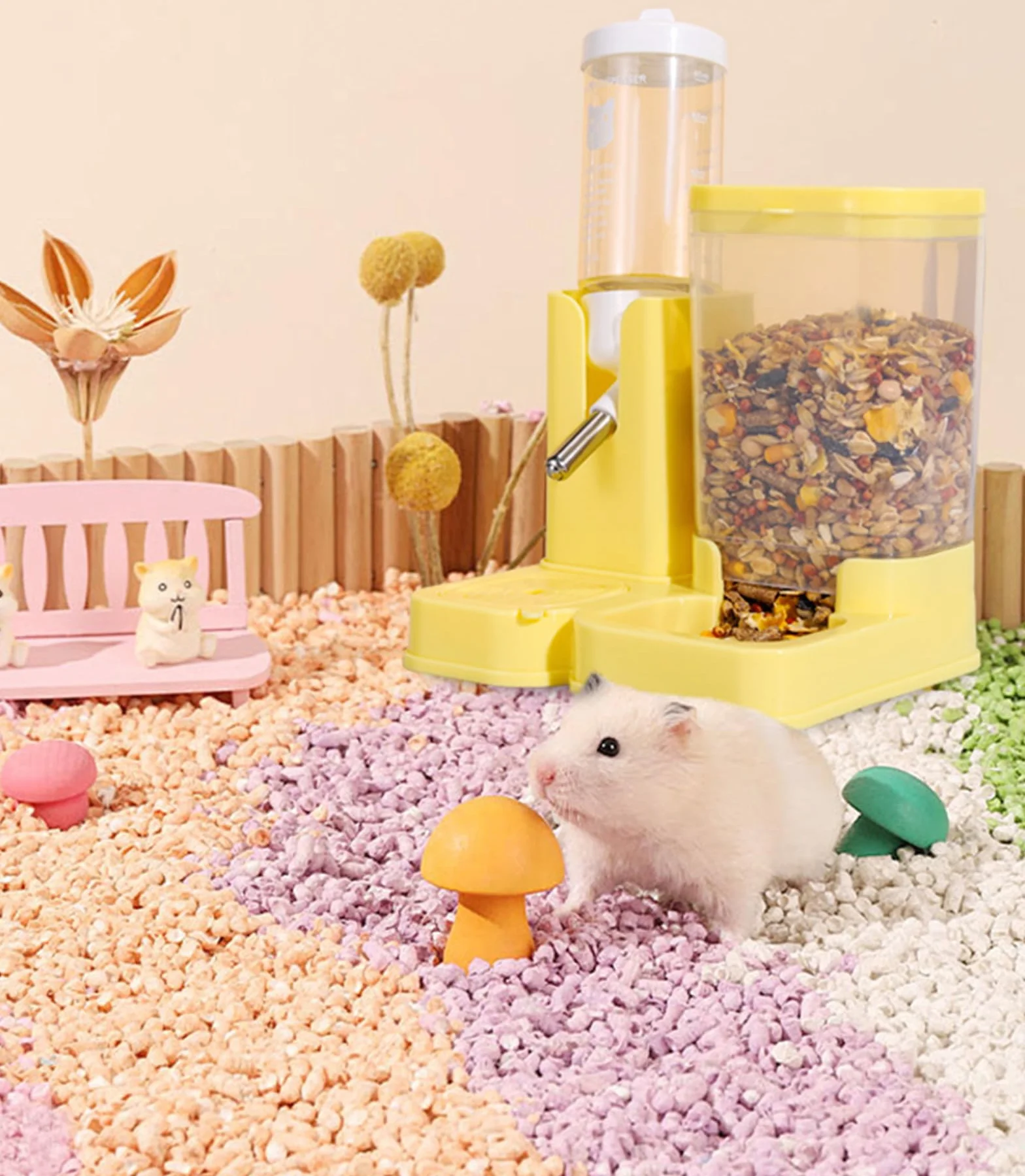 Gourde étanche pour hamster avec distributeur automatique de nourriture, transparent, buse en acier inoxydable, jaune
