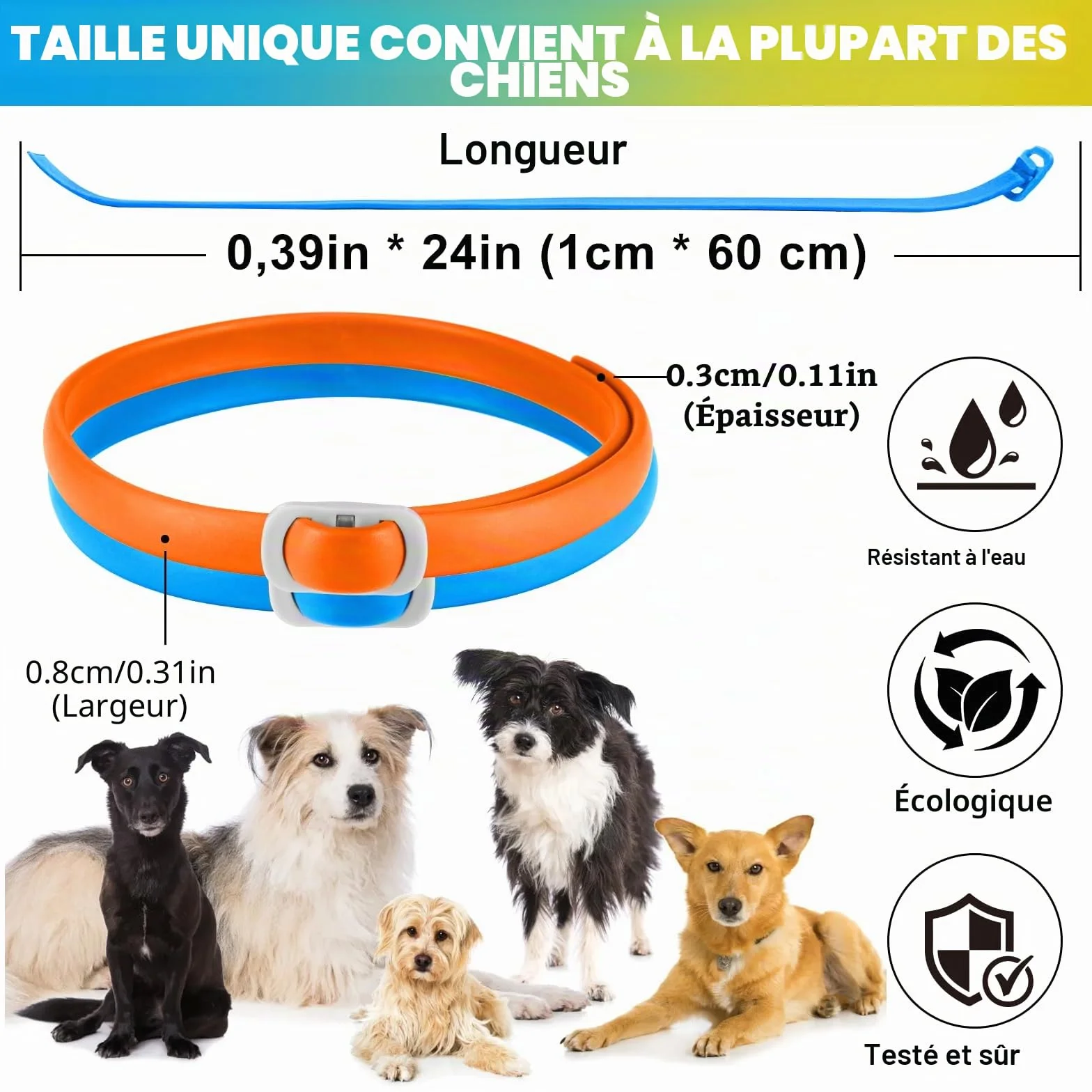 Collier Anti Puces pour Chien, 4 Pièces Anti Tiques pour Chien, Réglable et Imperméable, Sûr et Naturel, Longueur 60cm, Protection 24 Mois, pour Chiens de Petite Moyenne et Grande Taille (Bleu&Orange)