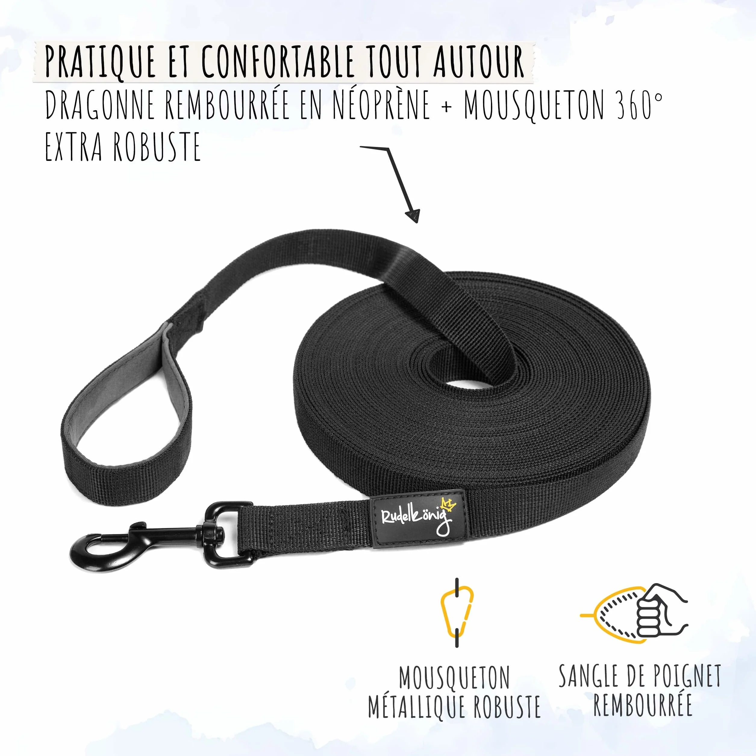 Rudelkönig Longe pour Chien 20m - Robuste et résistante aux intempéries - Longe avec poignée rembourrée - Laisse de Dressage pour Chien Pratique et Confortable