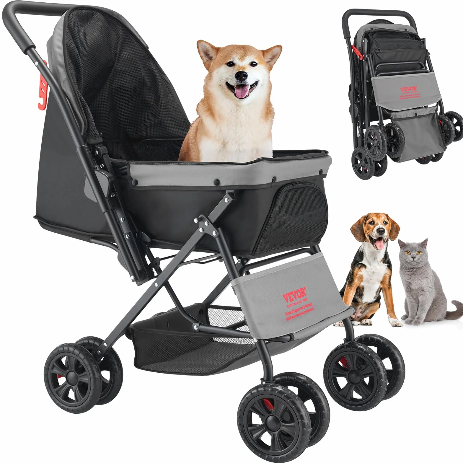 VEVOR Poussette pour Chien Pliable, Charge 20 kg, 4 Roues avec Freins Arrière, Fenêtres en Maille, Poignée Réversible, pour Petits et Moyens Animaux