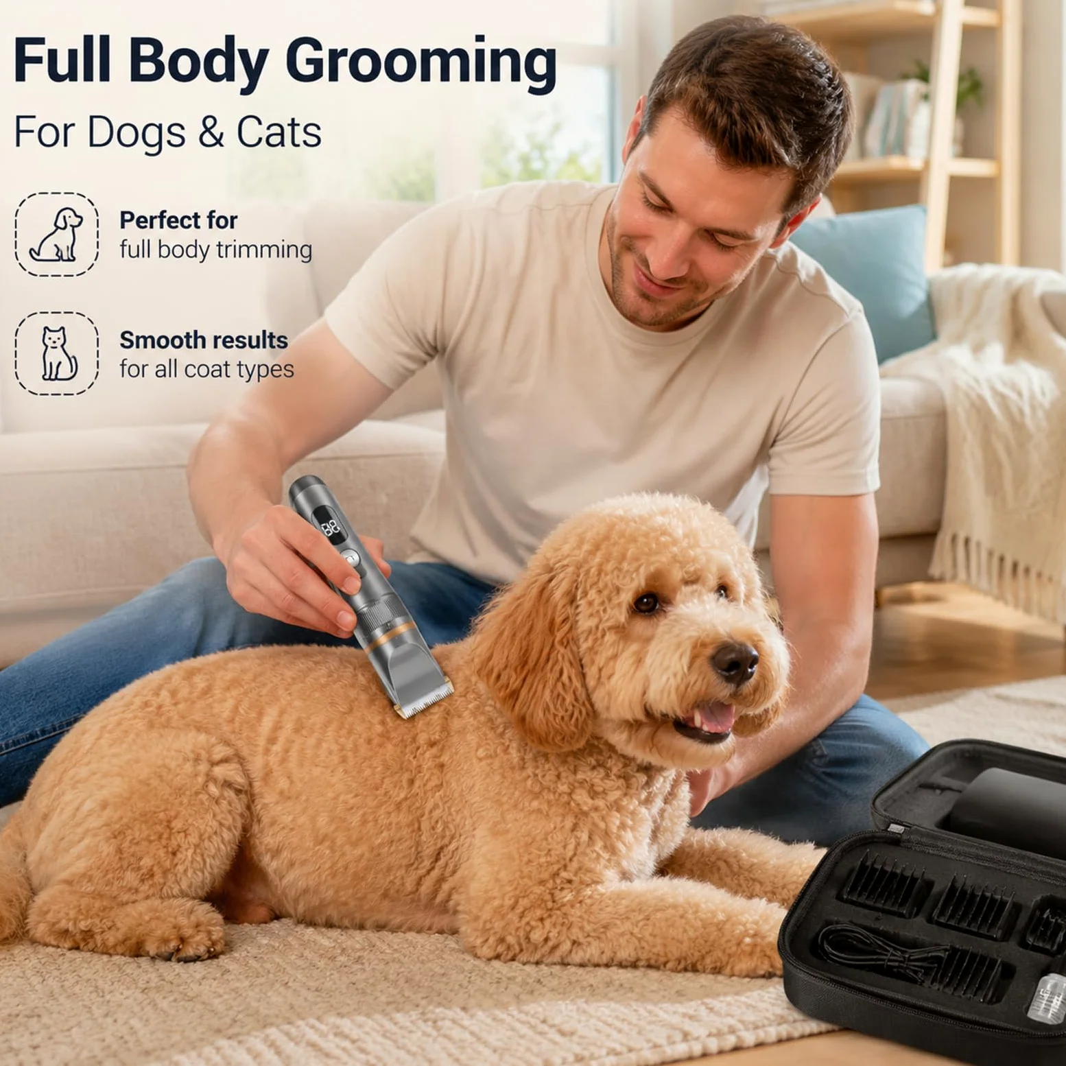 Tondeuse Pour Chiens Eanmoda V3 – Tondeuse Sans Fil Rechargeable Et Silencieuse Avec Lame En Titane-Céramique Et Sabots De Guidage, Idéale Pour Les Pelages Épais (1Set)