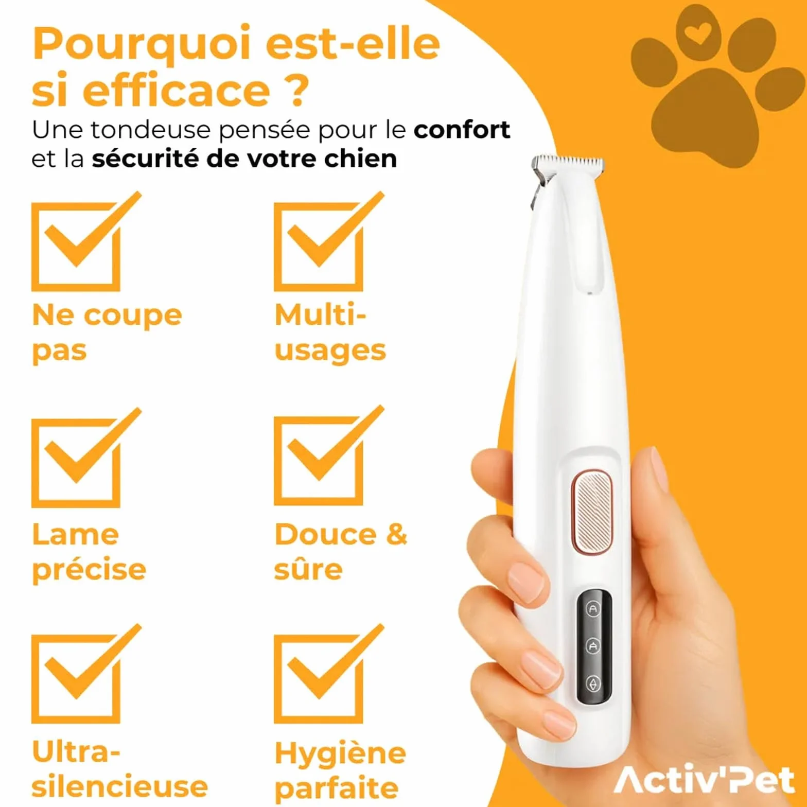 Activ'Pet Tondeuse à pattes silencieuse rechargeable USB avec éclairage LED pour chiens et chats