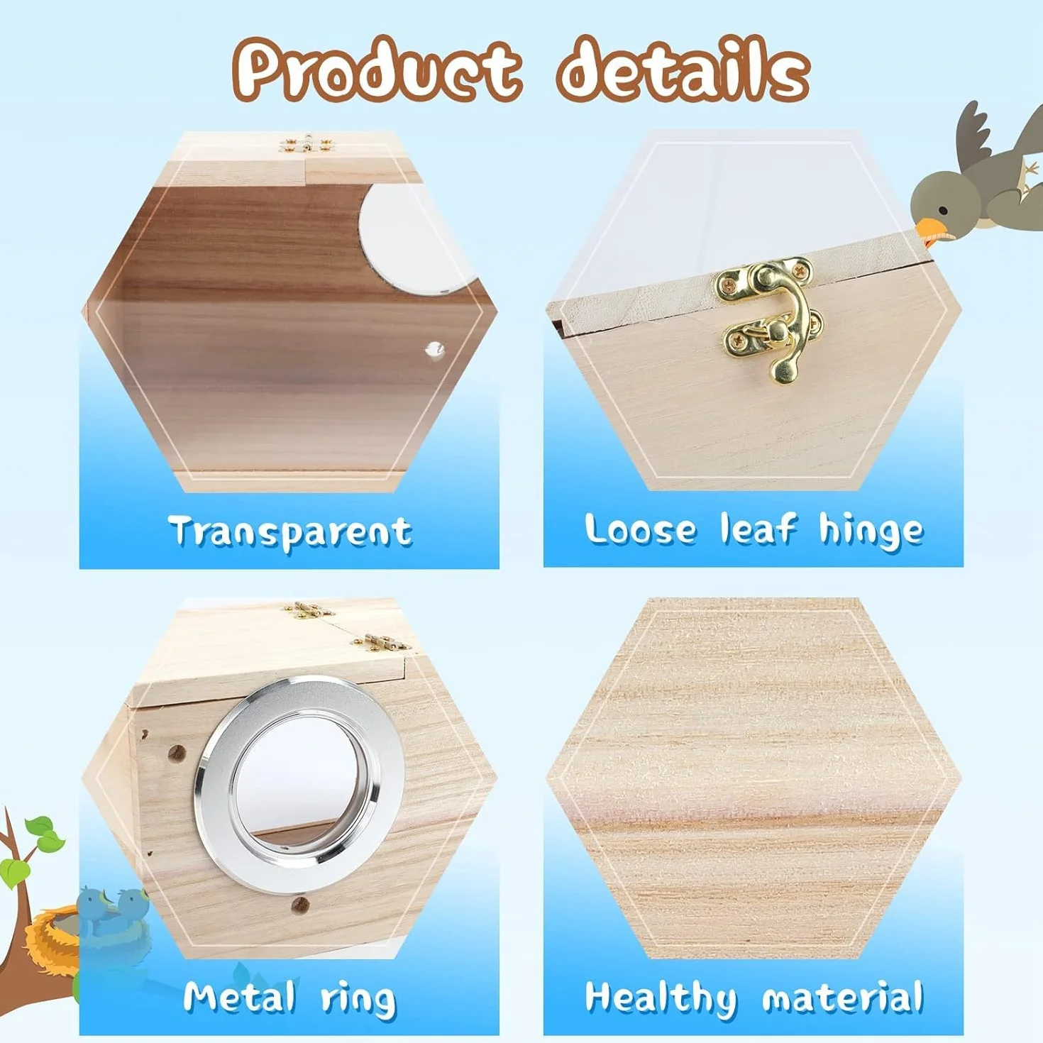 Loufy Nichoir en bois transparent pour perroquet, perruche, calopsitte, inséparable, 1 pièce