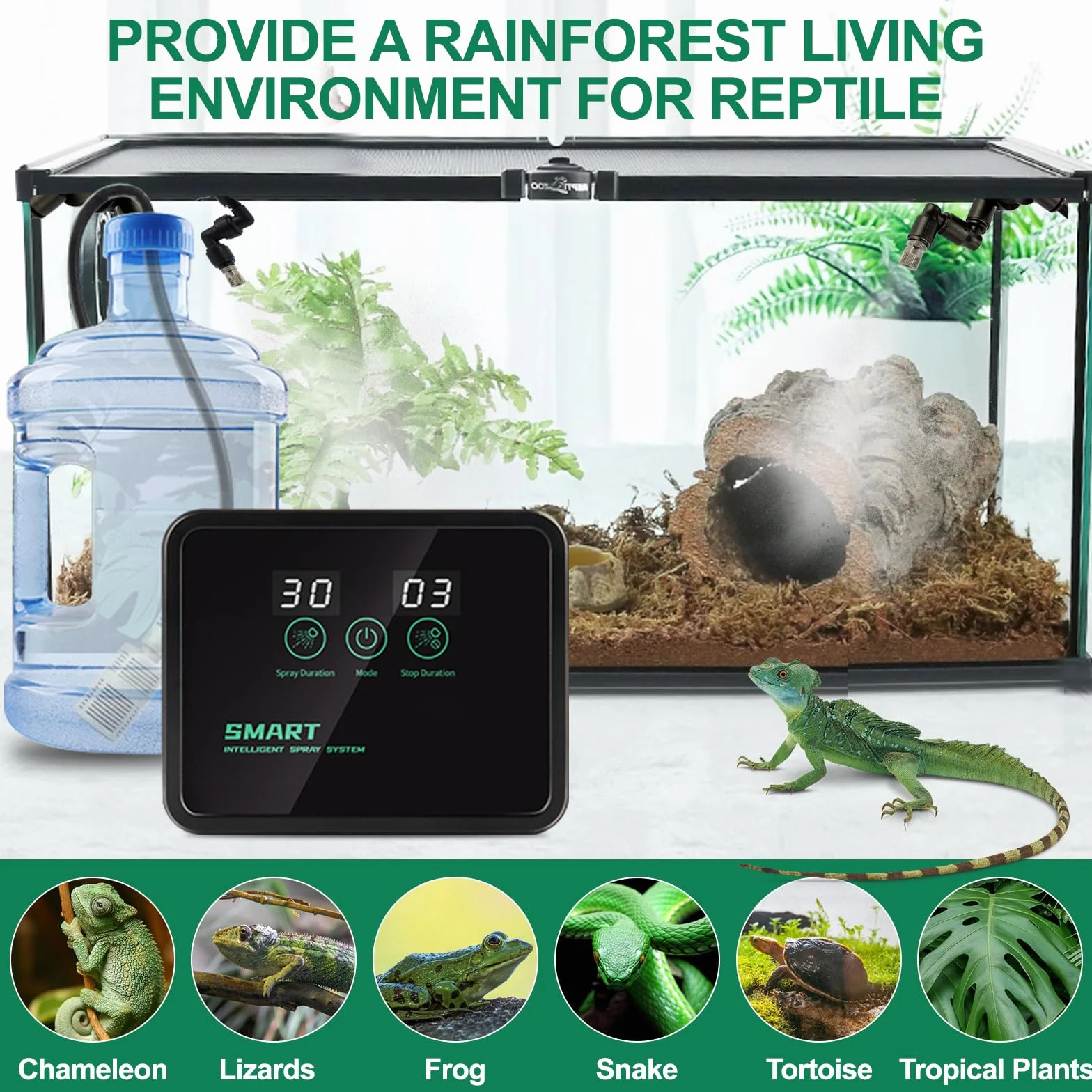 MECESOR Humidificateur pour reptile - Système de brumisation intelligent pour terrariums - Automatique avec minuteur - Buses de brumisation réglables à 360° pour caméléons, serpents, grenouilles