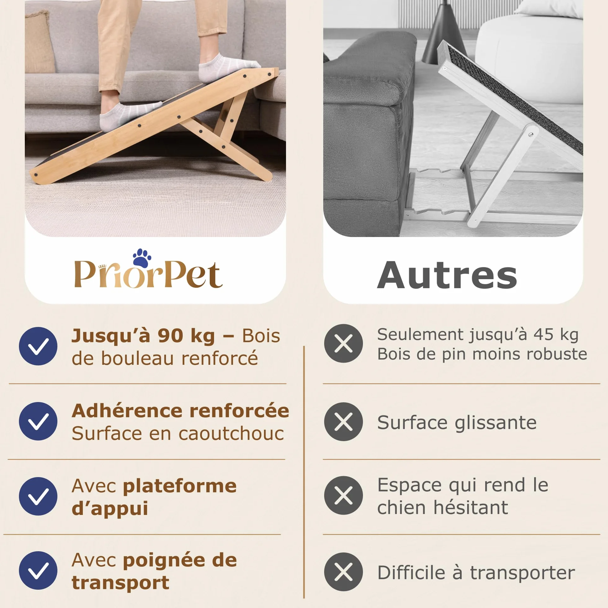 Rampe pour Chien Pliable et Réglable 18-53 cm - Surface Antidérapante - Bois de Bouleau Naturel