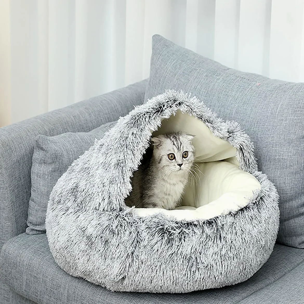 Grotte apaisante pour chat, chien et chaton en peluche moelleuse - Sac de couchage chaud en forme de tente, igloo d'intérieur chaud (vert, 80 cm)