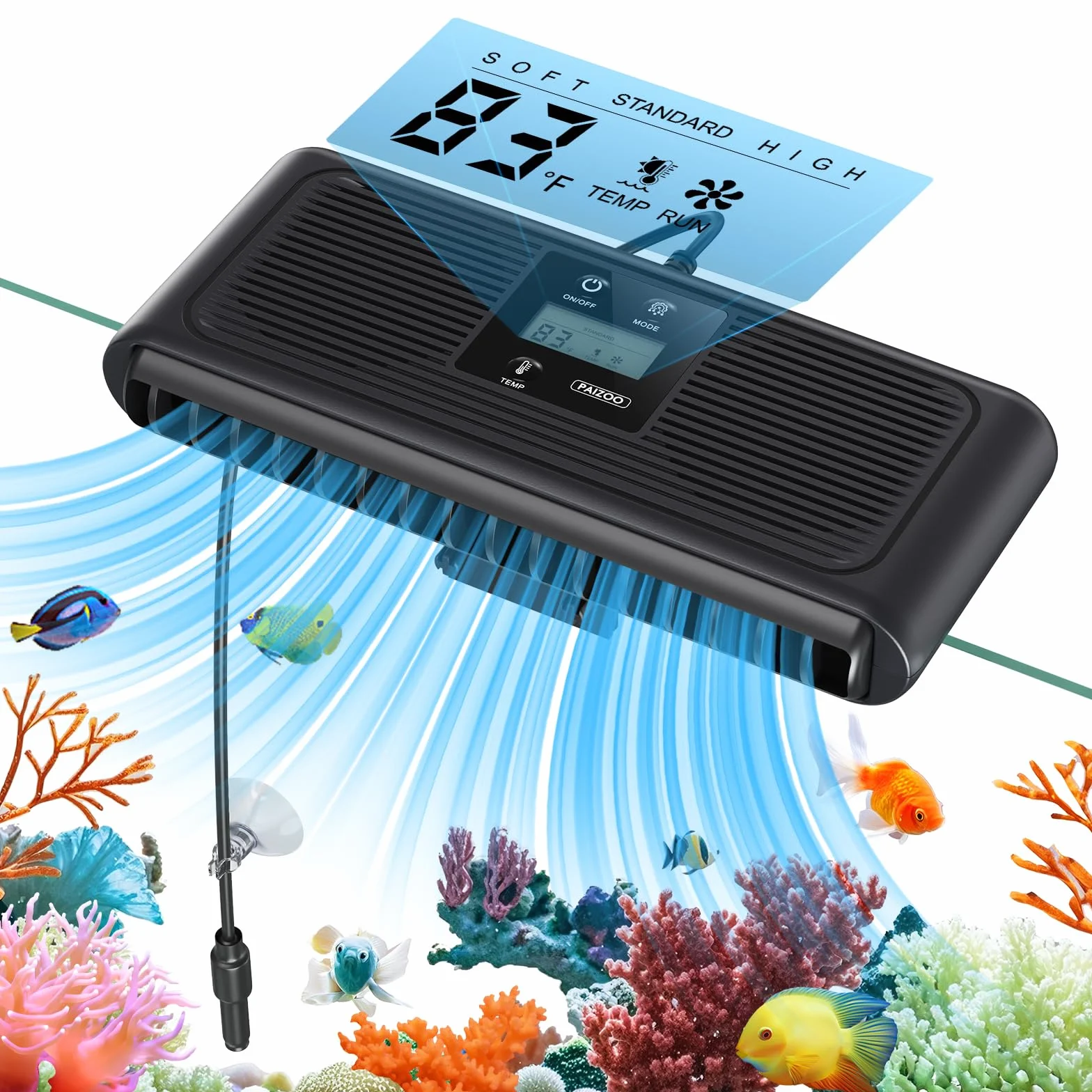 PAIZOO Ventilateur refroidisseur pour aquarium, contrôle automatique de la température, refroidisseur de bac à poissons, ventilateur d'aquarium avec sonde de température, écran LCD, 3 modes de vitesse