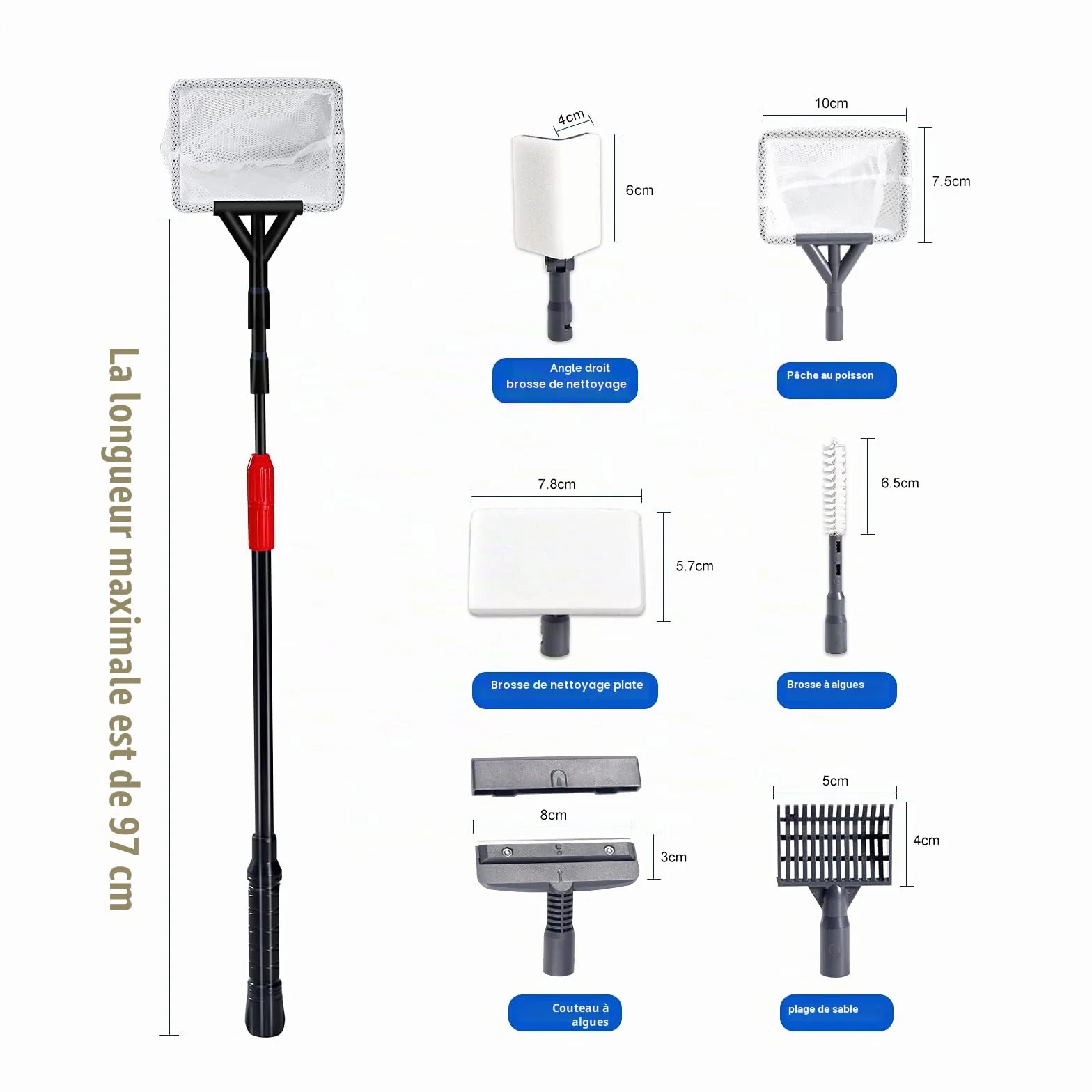 Boxtech Kit de nettoyage d'aquarium 6 en 1, Filet de pêche, Grattoir à algues, Balai à gravier, Brosse à tuyau, Éponge