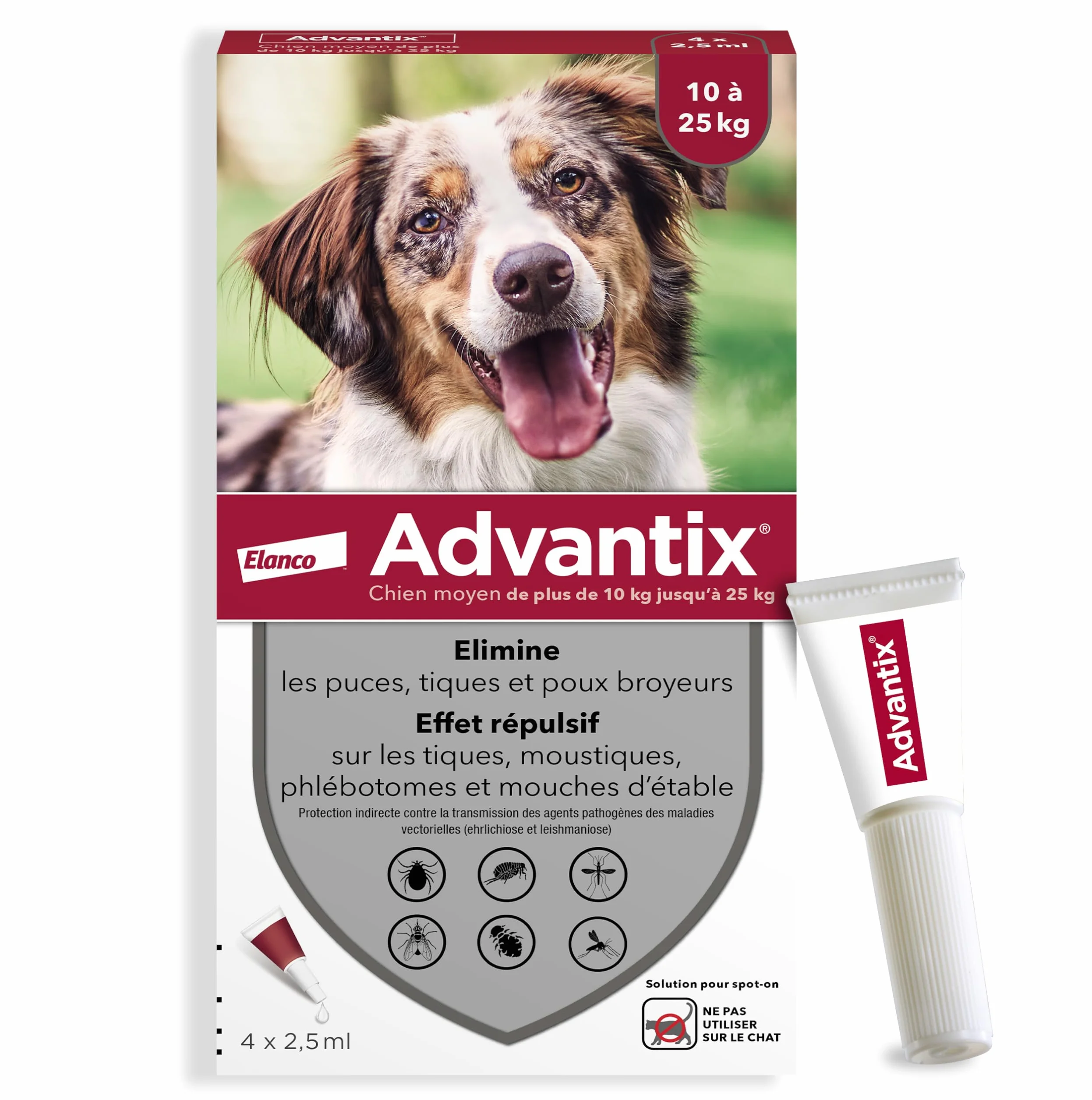 Advantix Chien Moyen entre 10 et 25 kg – Pipettes pour chien contre 6 parasites – Traitement en pipette pour une protection en continu pendant 4 semaines – 4 x 2,5 ml