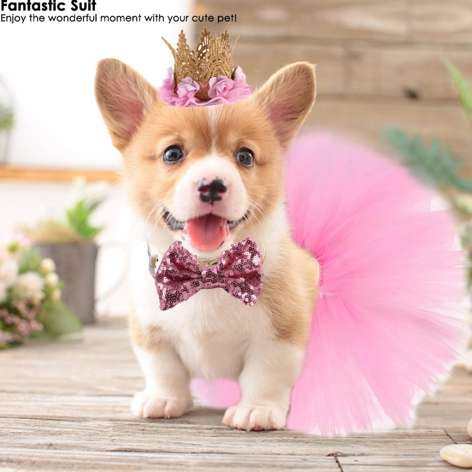 Costume de Chien 3 Pièces Rose Jupe Tutu Couronne Chapeau Paillette Noeud Papillon pour Petits Chiens et Chats