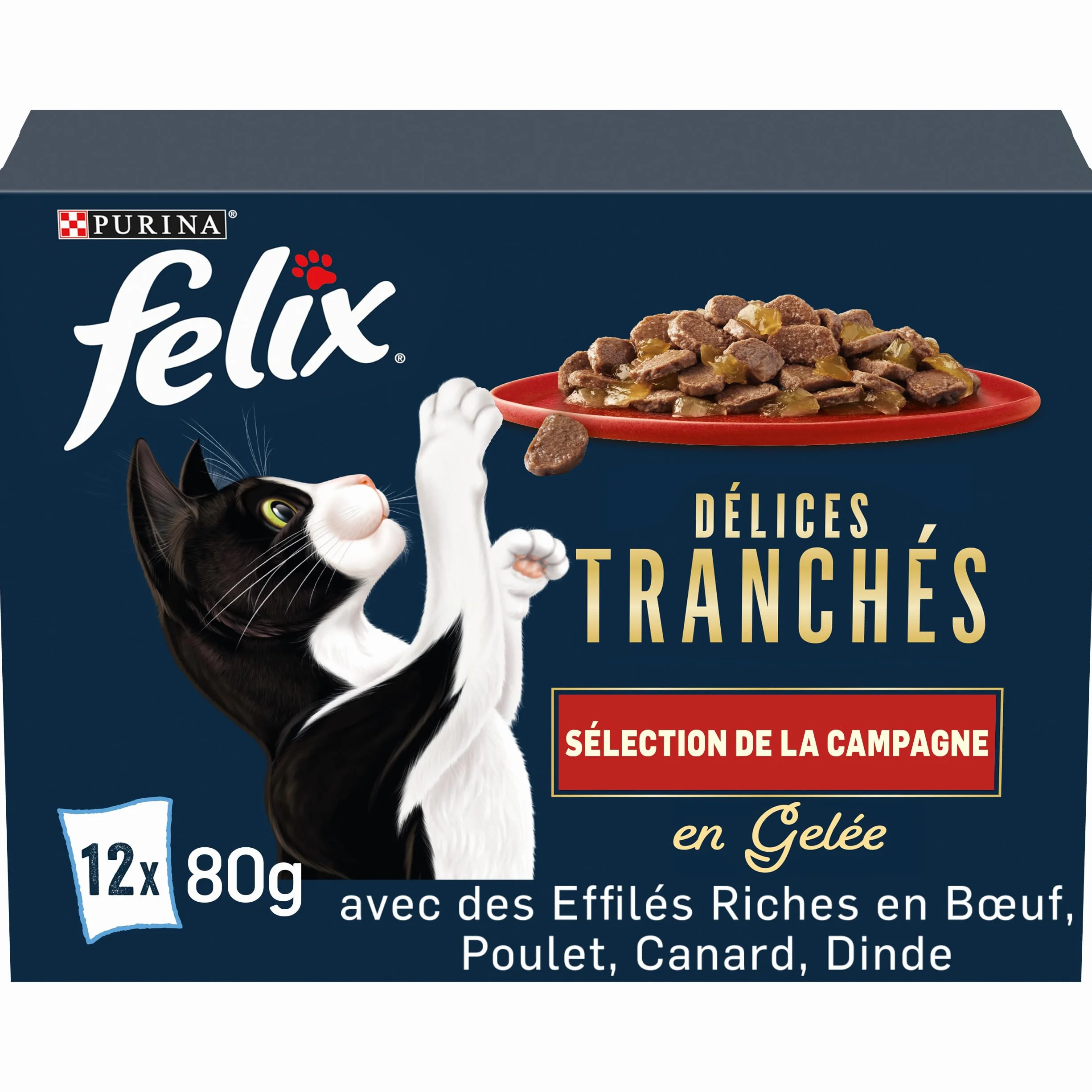 FELIX | Délices Tranchés | Sélection de la Campagne | En Gelée | Alimentation complète | Chat Adulte | au Poulet, Saumon, Cabillaud et Canard | Sachets Fraîcheurs | (12 x 85g)