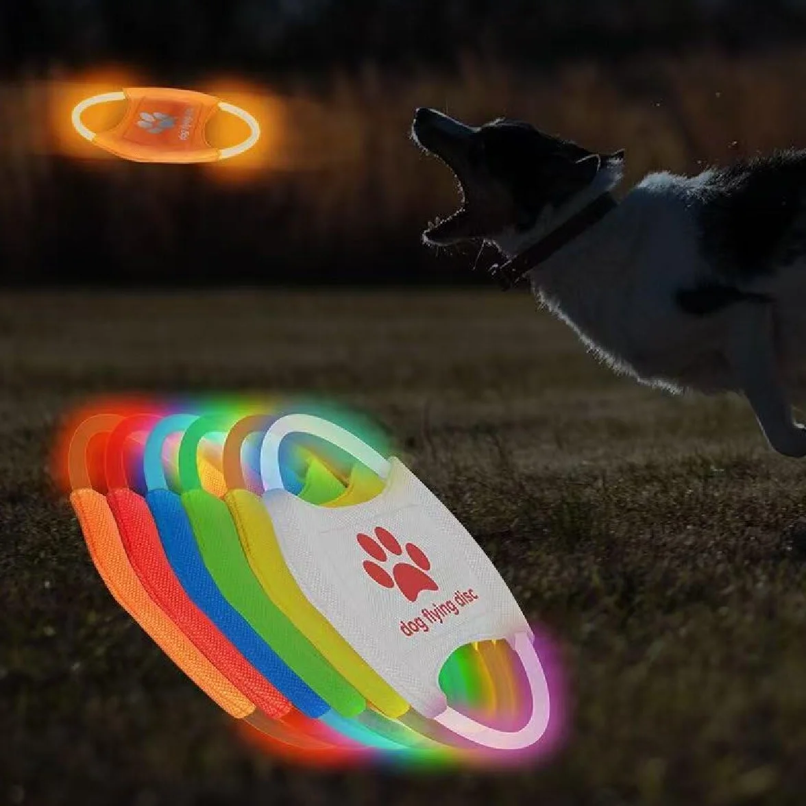 Lot de 2 frisbee lumineux LED pour chien, TPU non toxique, caoutchouc souple résistant aux morsures, rechargeable