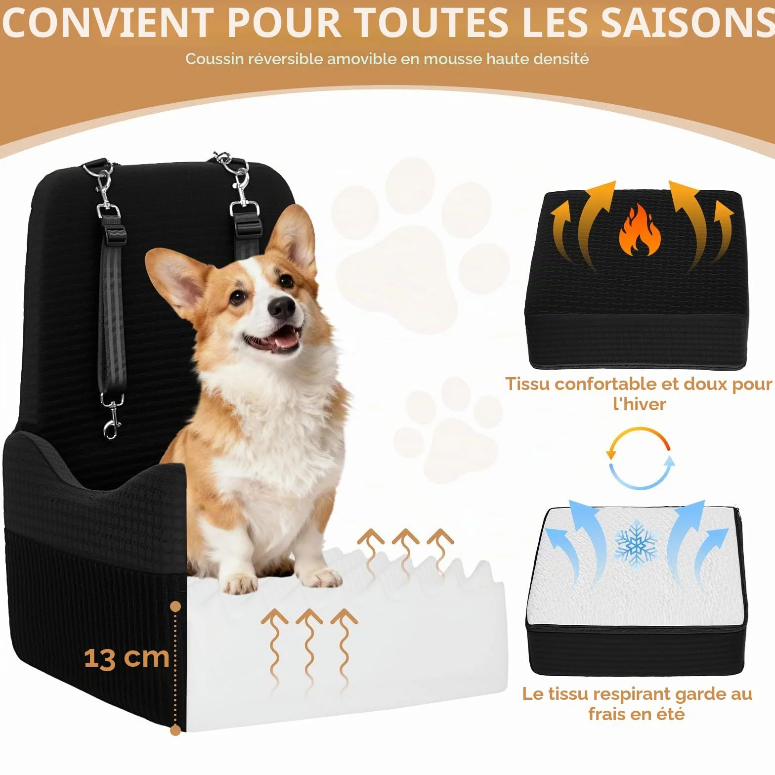 PETSFIT Siège Auto pour Chien jusqu'à 15kg – Système de Sécurité Breveté, Coussin Mémoire de Forme 13cm, Housse Lavable, Noir & Gris