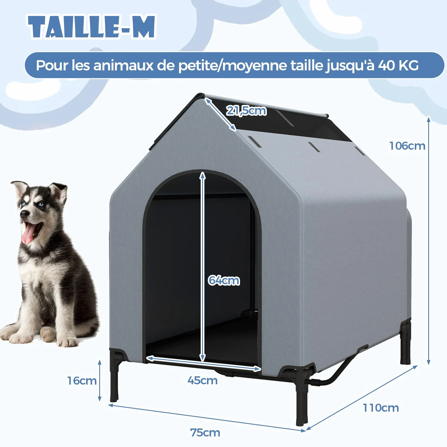 COSTWAY Chenil pour Chien 2 en 1 75x110x106 cm Tissu Oxford Fenêtre Ventilée Housse Amovible Base Surélevée 40 kg