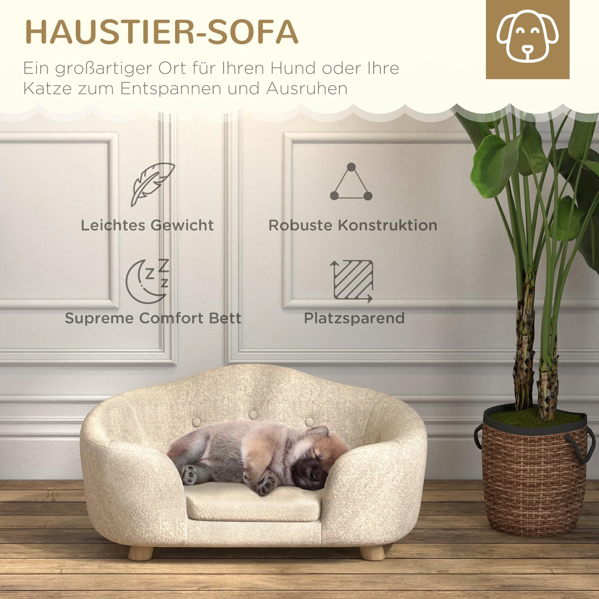 PawHut Canapé-lit pour animaux de compagnie - Coussin et poche arrière - Peluche et mousse de pin - Blanc crème - 70 x 47 x 30 cm