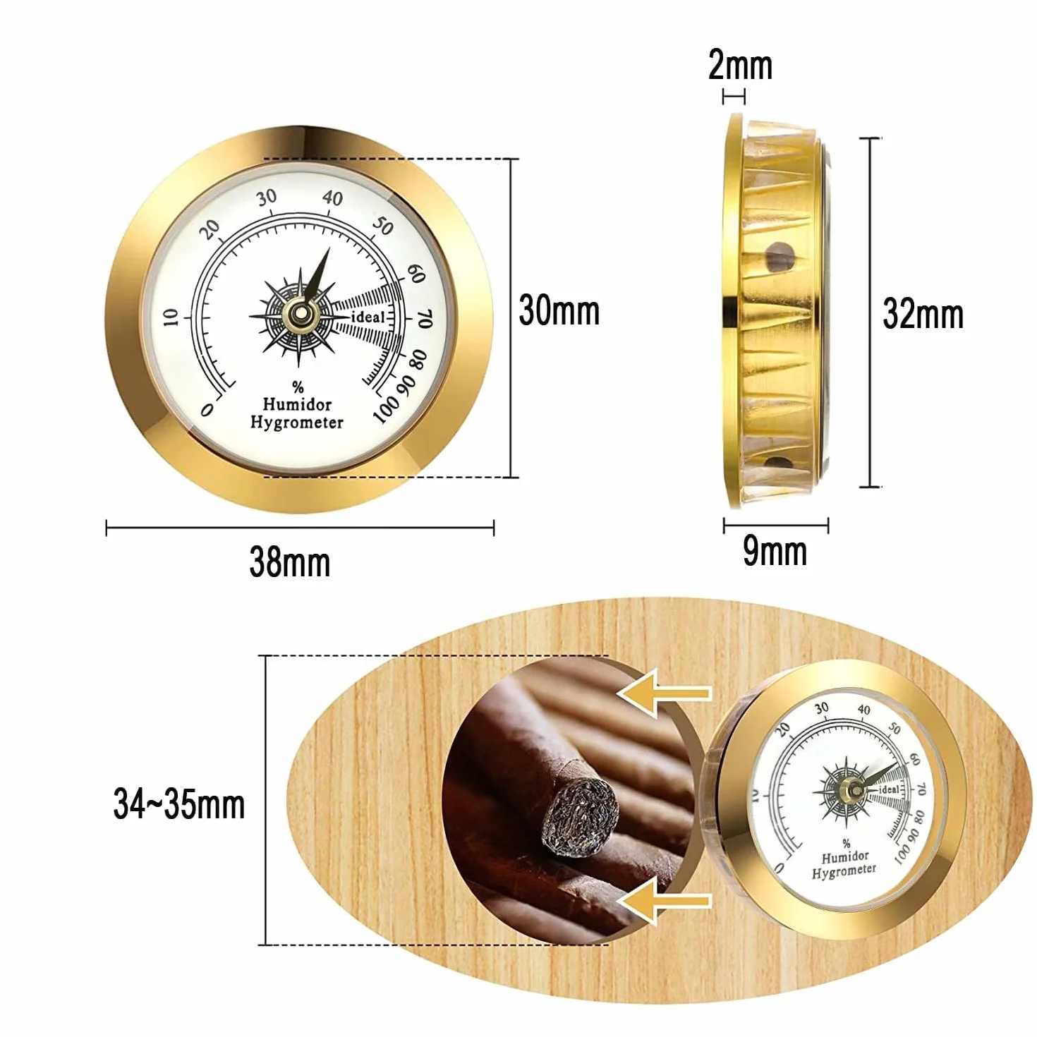 Hygromètre de rechange pour cave a cigares - φ 38mm - Or - Alliage rond - Moniteur précis - Humidor - Hygromètre - Valise de guitare - Serre