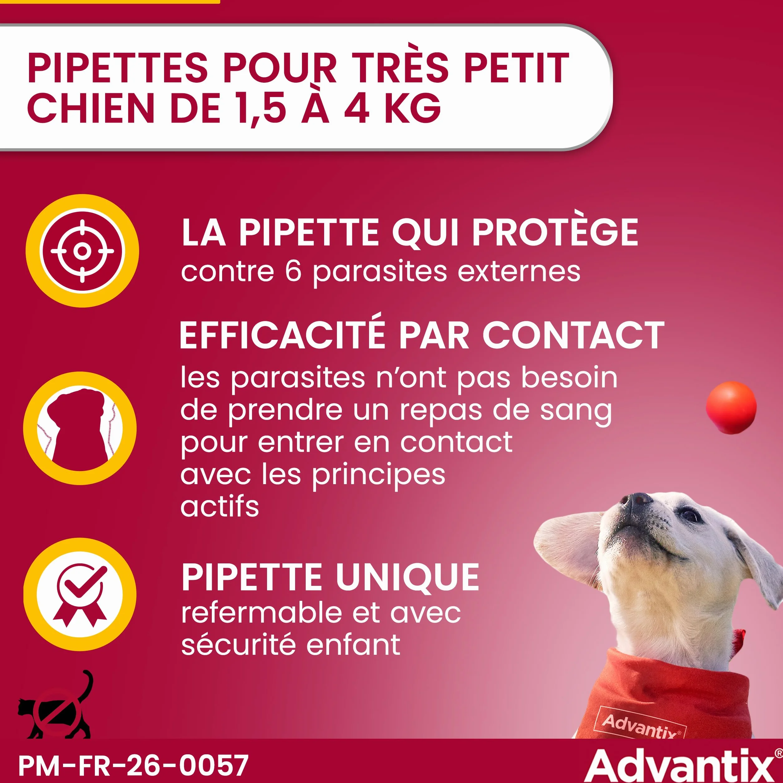 Advantix Très Petit Chien 1,5-4 kg Pipettes 6 parasites Protection 4 semaines 6 x 0,4 ml