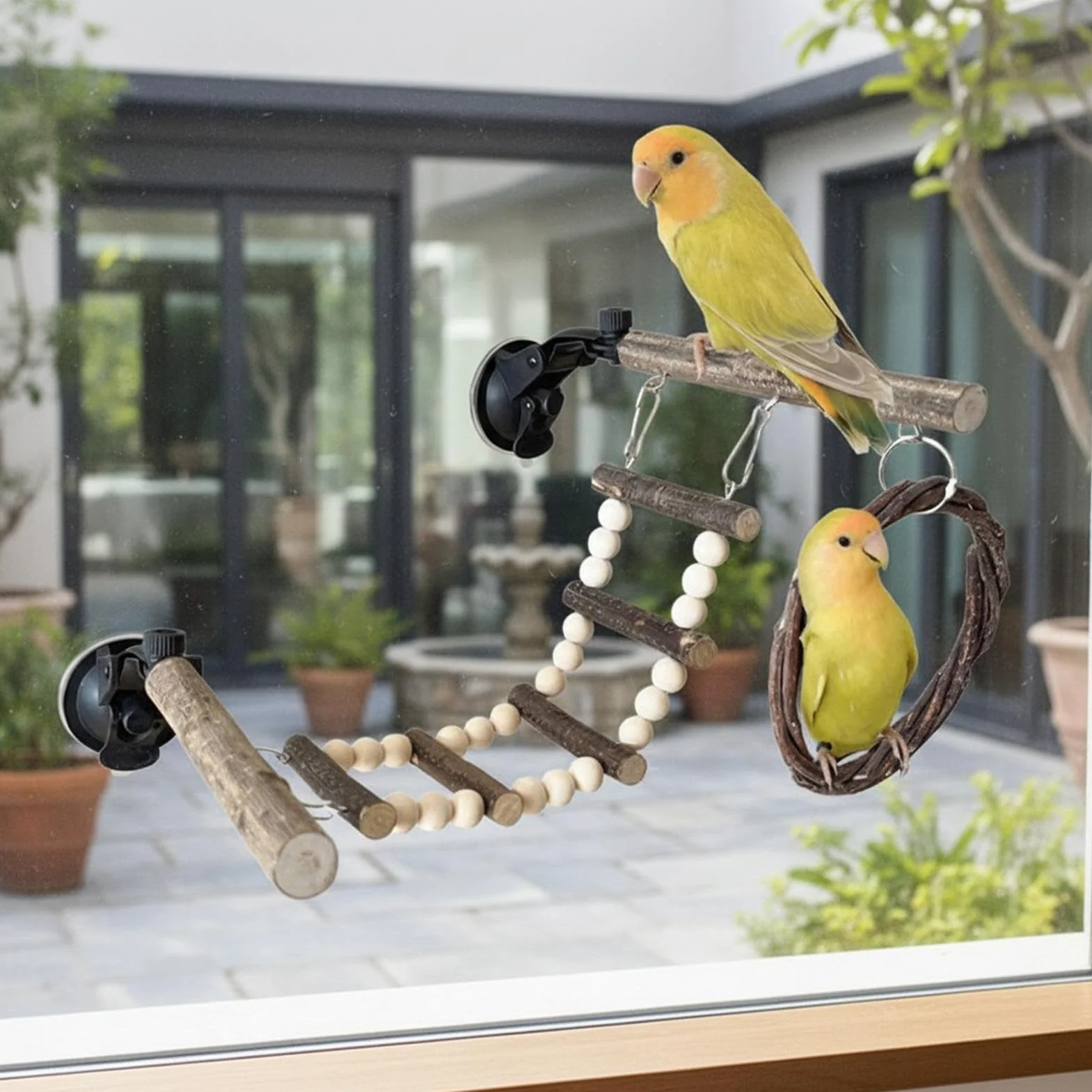 Perchoir à Oiseaux pour fenêtre – Support à Ventouse réglable en Bois avec balançoire et échelle