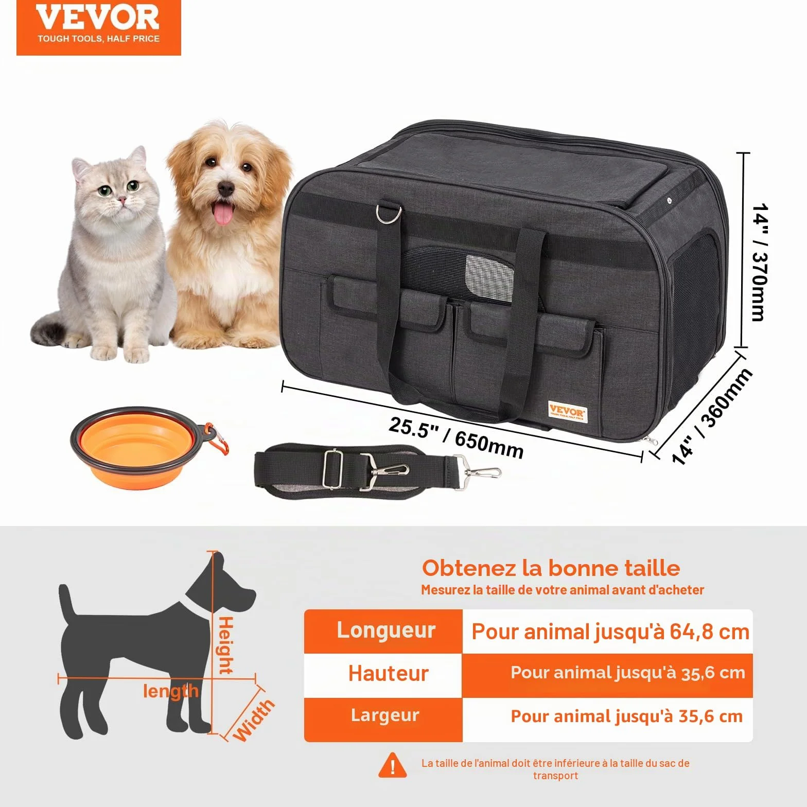 VEVOR Sac à Roulettes pour Chat Chien 15,8 kg Sac de Transport Animaux Poignée Télescopique Noir